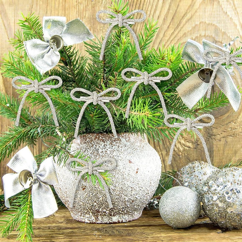 CLTYQ Christbaumschmuck Schleifen mit Strasssteinen und gold-champagnerfarbener Glitzeroptik (6-tlg), für Weihnachtsbaum, Kranz, Girlande und Geschenkverpackung – Bild 4 von 4