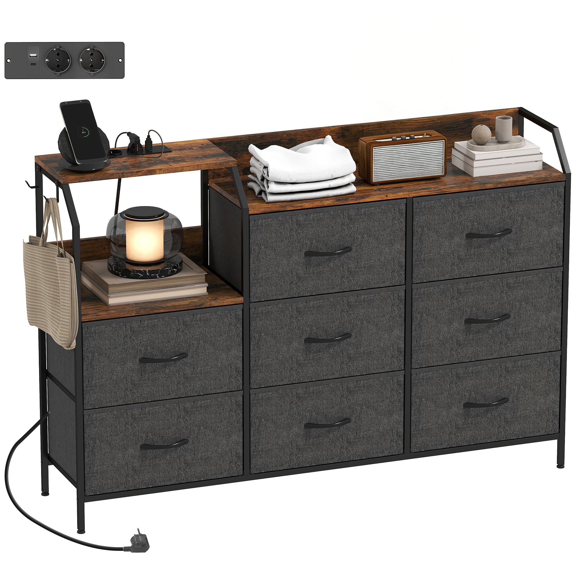 HOMCOM Kommode mit 8 Schubladen aus Vliesstoff Ladestation Haken Stahlrahmen (Schubladenschrank, 1 St., Aufbewahrungsschrank), für Flur, Schlafzimmer, Wohnzimmer, Rustikal-Braun+Schwarz