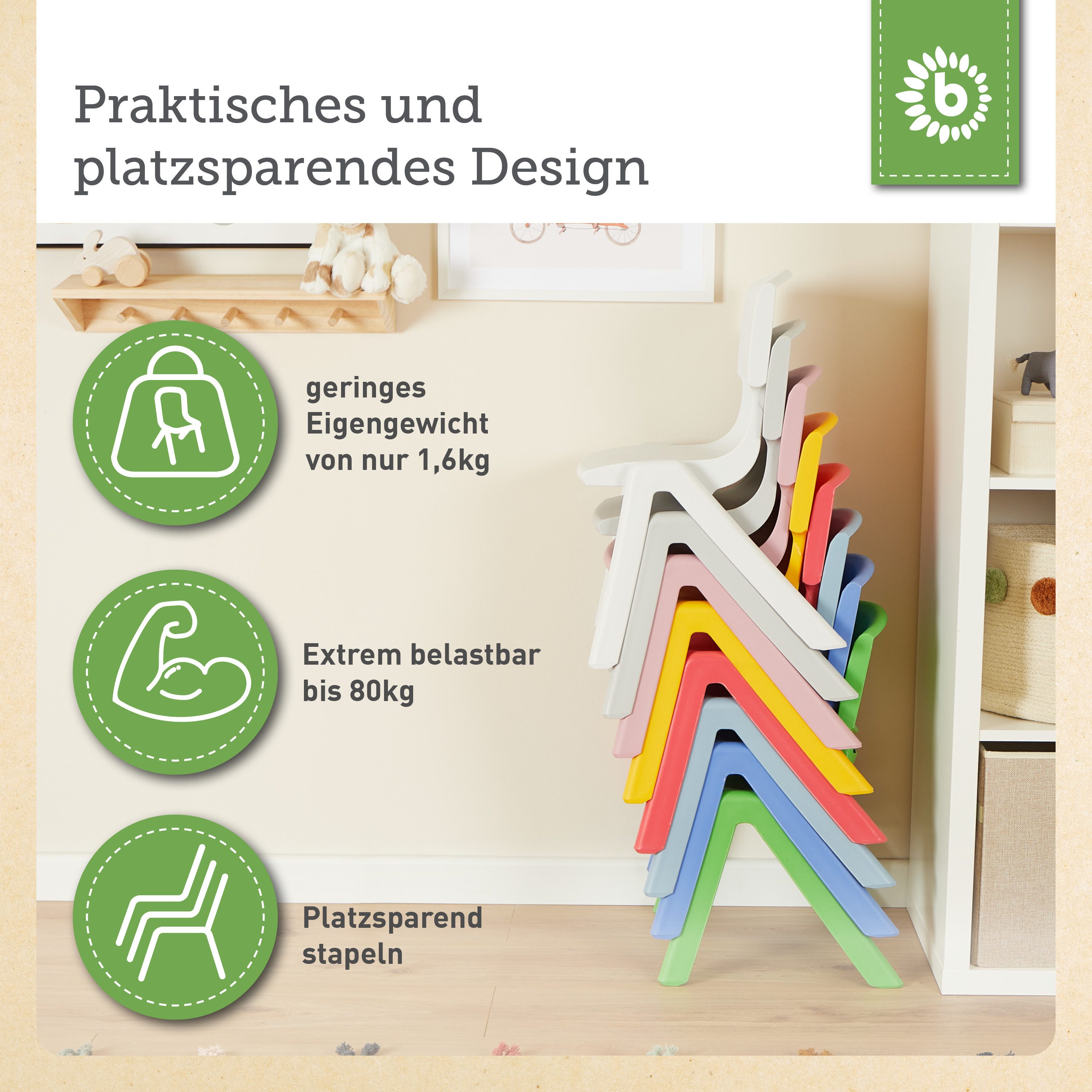 BIECO Stuhl Bieco Kinderstuhl bis 80 kg belastbar, stapelbar & kippsicher Stuhl – Bild 4 von 5