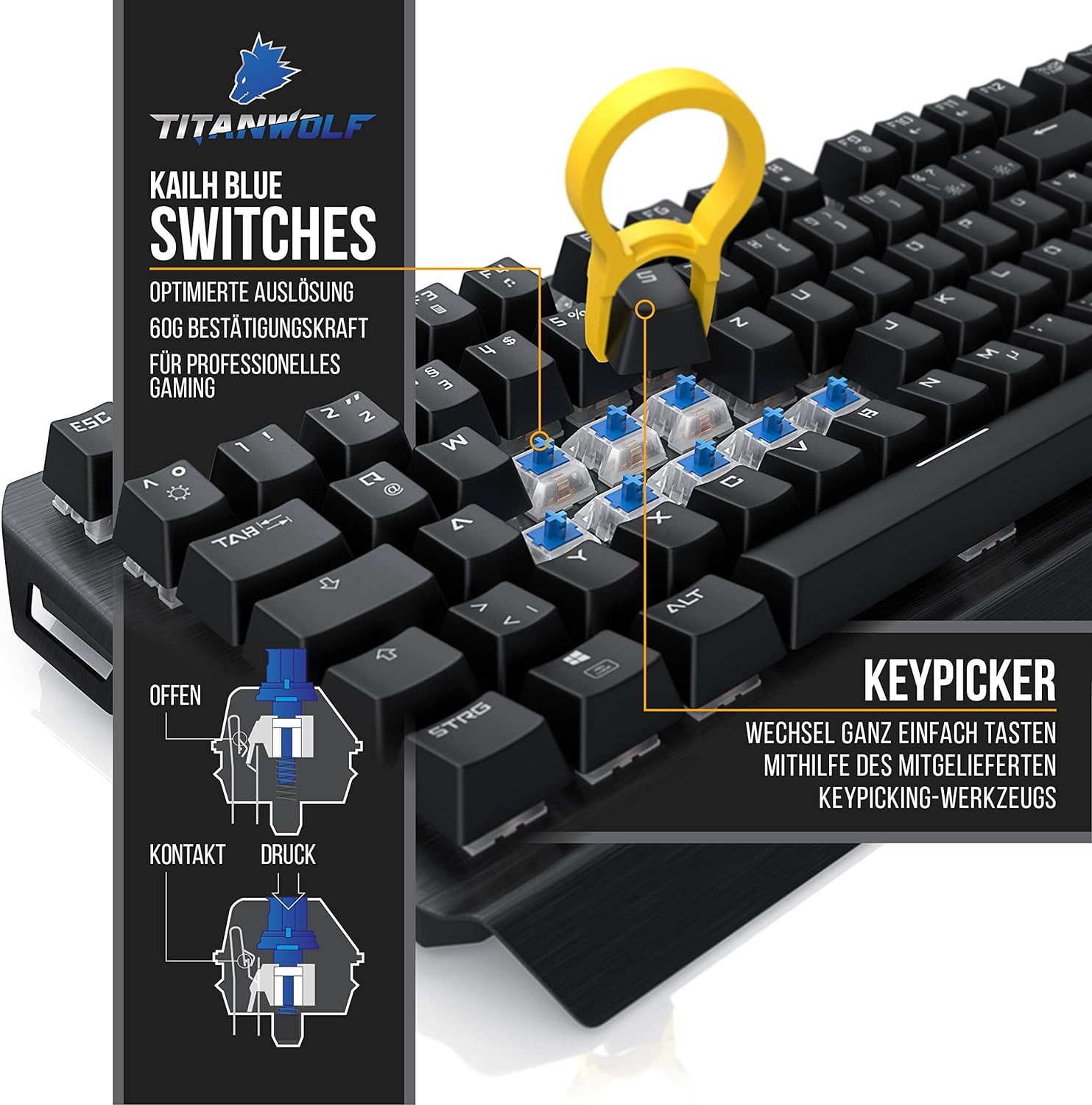 Titanwolf Gaming-Set - Mechanisches Keyboard, Mouse & Mousepad Tastatur-, Maus- und Mauspad-Set, Anti-Ghosting, LED 19 Modi, Makro, 10800dpi, XXL Schreibtischunterlage