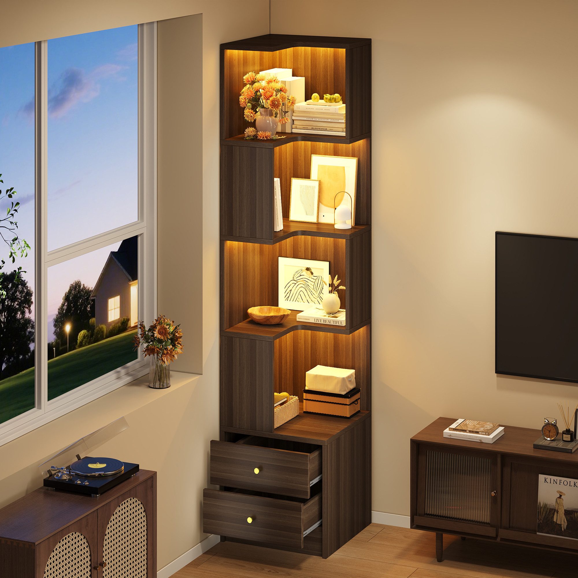 STILVORA Hochschrank Vitrine mit LED-Beleuchtung Highboard mit großem Stauraum (Multifunktionsschrank mit Eckdesign und Bücherregal, MDF-Material, offene Fächer, Schubladen, Farbwechsel-Licht) Für Wohnzimmer, Arbeitszimmer, Büro