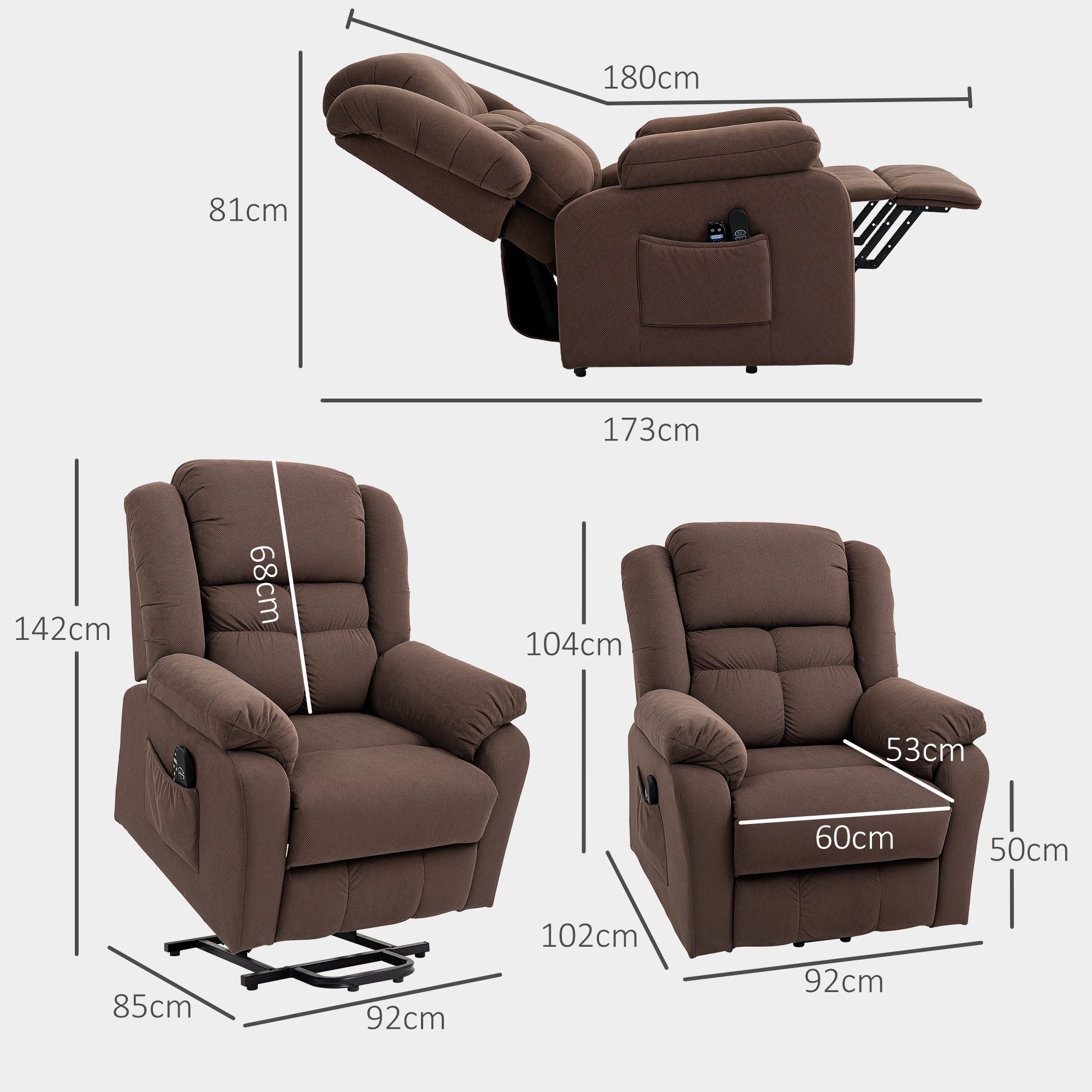 HOMCOM Relaxsessel Elektrischer Fernsehsessel mit Liegefunktion (Set, 1-St., 1), Aufstehhilfe, 8-Punkt-Massage, Lendenwärme – Bild 3 von 5