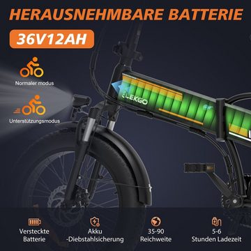 ELEKGO E-Bike 20*4,0 zoll Elektrofahrrad mit36V12Ah Batterie Snowbike für Erwachsene, 7 Gang shimano, 250W Motor