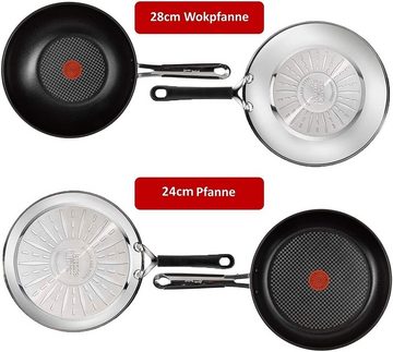 Tefal Pfannen-Set Jamie Oliver E76 Pfanne 24cm+ Wok pfanne 28cm ale Herdarten+ Induktion, Edelstahl 18/10 (Pfanne, Bratpfannen Set, Pfannenset, Wok, Wokpfanne, Schmorpfanne, Set11, Pfannen Inkl. 1 Wender & Filzschoner), Hitzebeständig, Ohne Fett / Öl braten, Säurebeständig