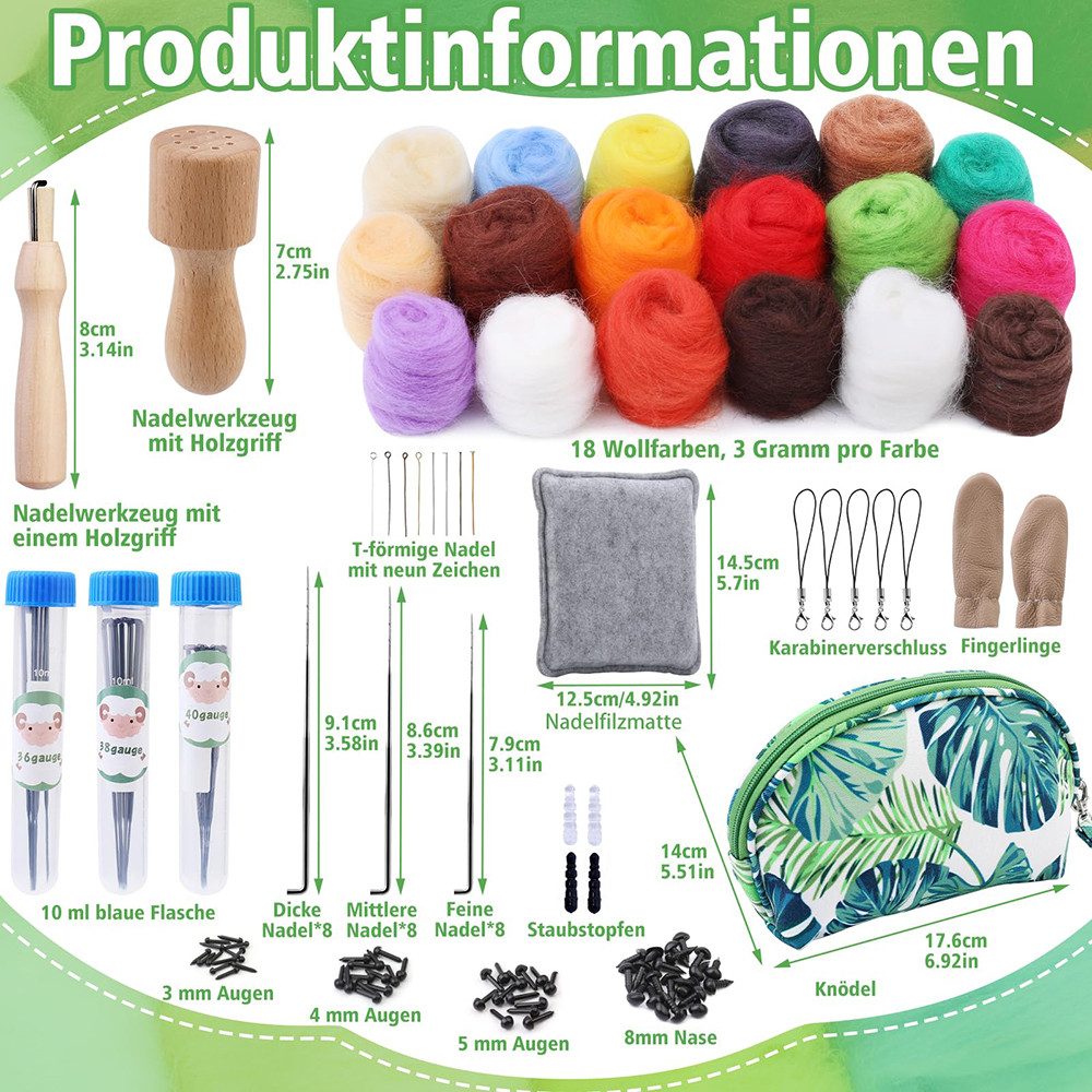 CLTYQ Kreativset 18 Farben Filzwolle, Nadel-Filz Starterset mit Filznadeln,DIY-Basteln, für Trockenfilzen,Filzwoll-Roving und Filzwerkzeug, für DIY-Basteln
