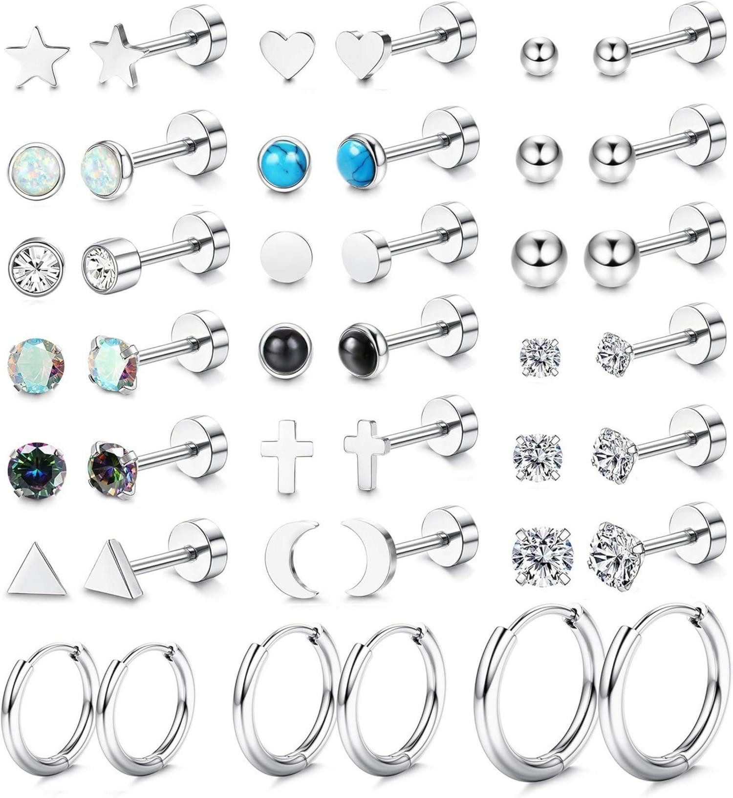 Schmuckset 21 Paar Kleine Ohrstecker Chirurgenstahl Zirkonia Opal Silber Creolen