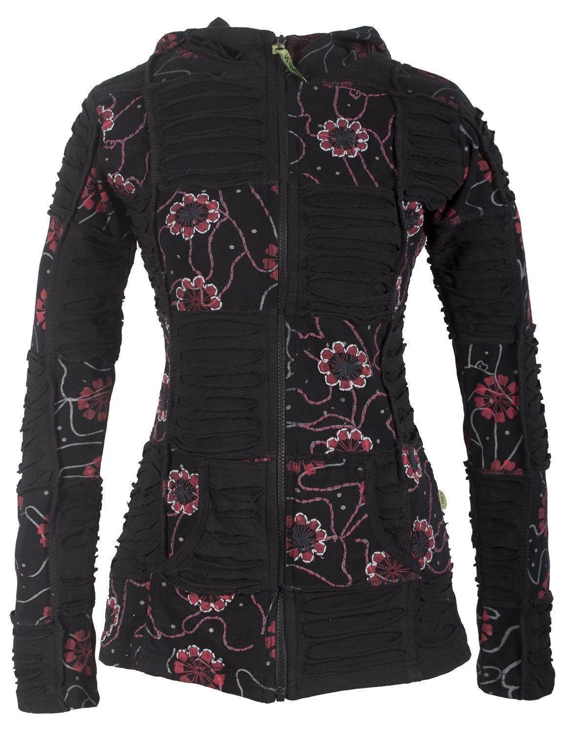 Vishes Kapuzensweatjacke Bestickte Blumen Patchworkjacke mit Zipfelkapuze Elfen, Goa, Boho, Ethno Style schwarz