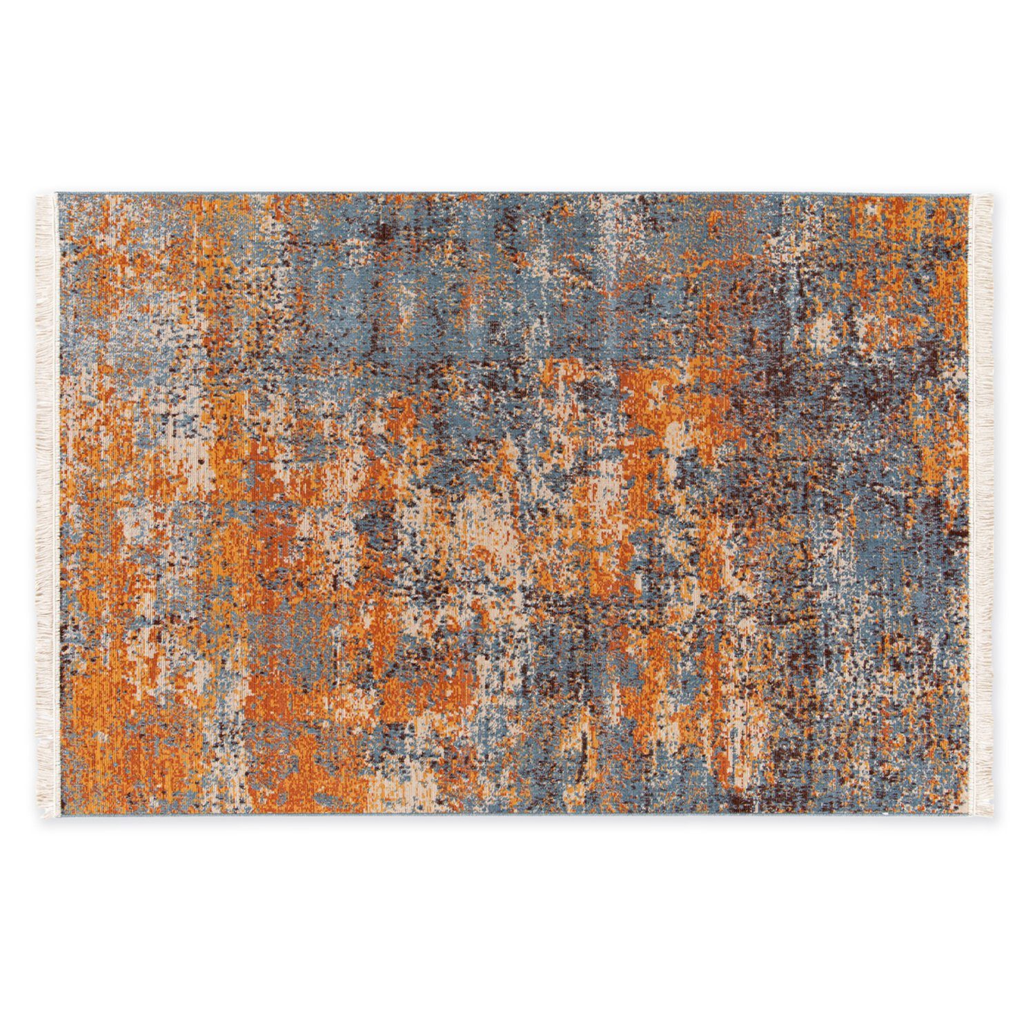 LUIS recycelte Blau-Orange Baumwolle Teppich Ethno-Stil flexibel für Kunstfaser, in 120x170cm, im DomDeco - Fransenteppich und faltbar Wohnzimmer/Schlafzimmer/Esszimmer, &