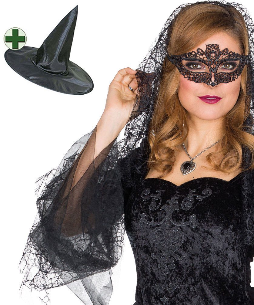 Karneval-Klamotten Hexen-Kostüm Damen mit Überrock Spinnenwebenmuster mit Hexenhut, Halloweenkostüm Frauenkostüm schwarze Hexe langes Hexenkleid