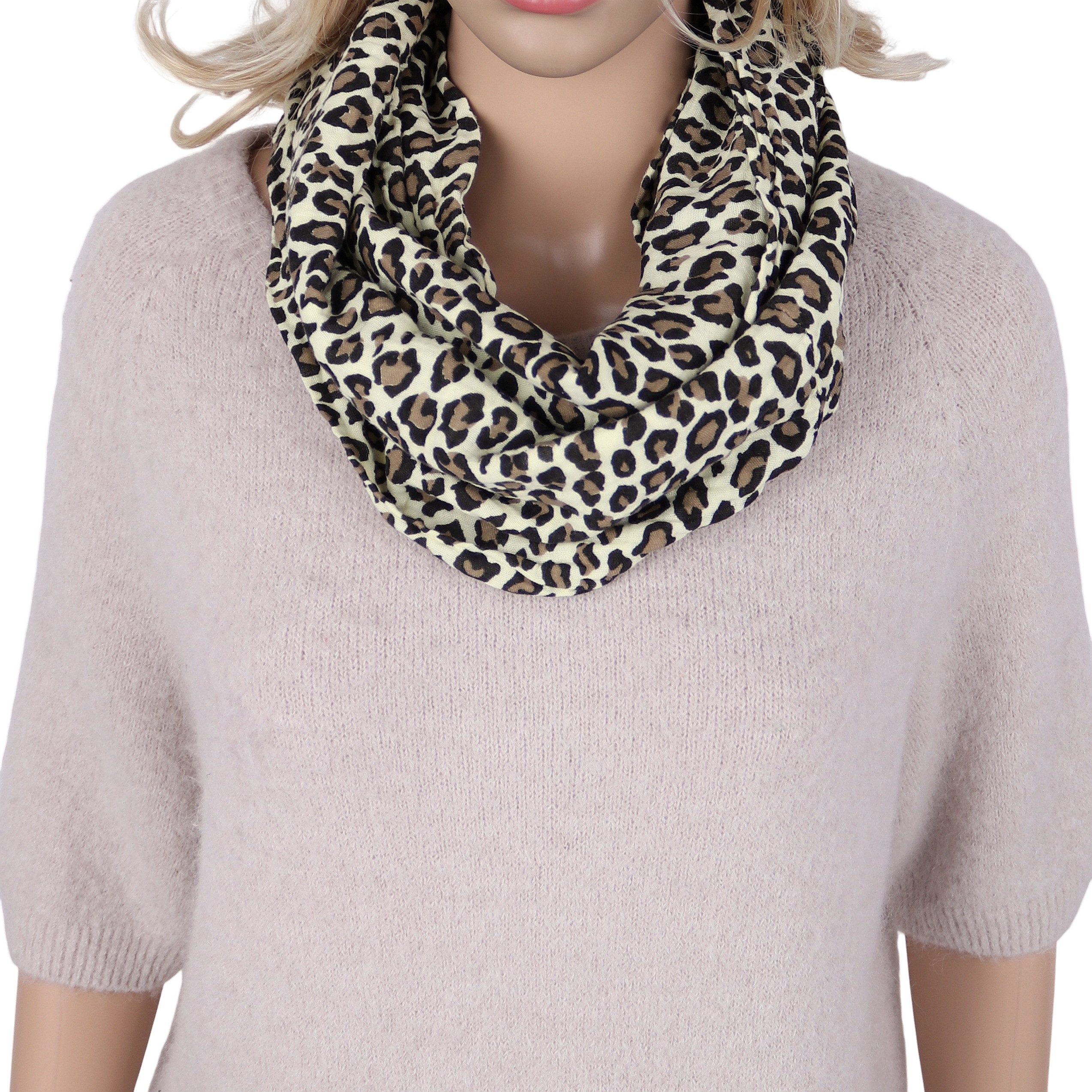 MIRROSI Loop Damen Schal aus Musellin, Made in Italy 70x20cm, Leo, Schlauchschal, (Zweimal um den Hals wickelbar, ca.70x20cm), Damen Halstuch ideal für Frühling, Sommer oder Herbst