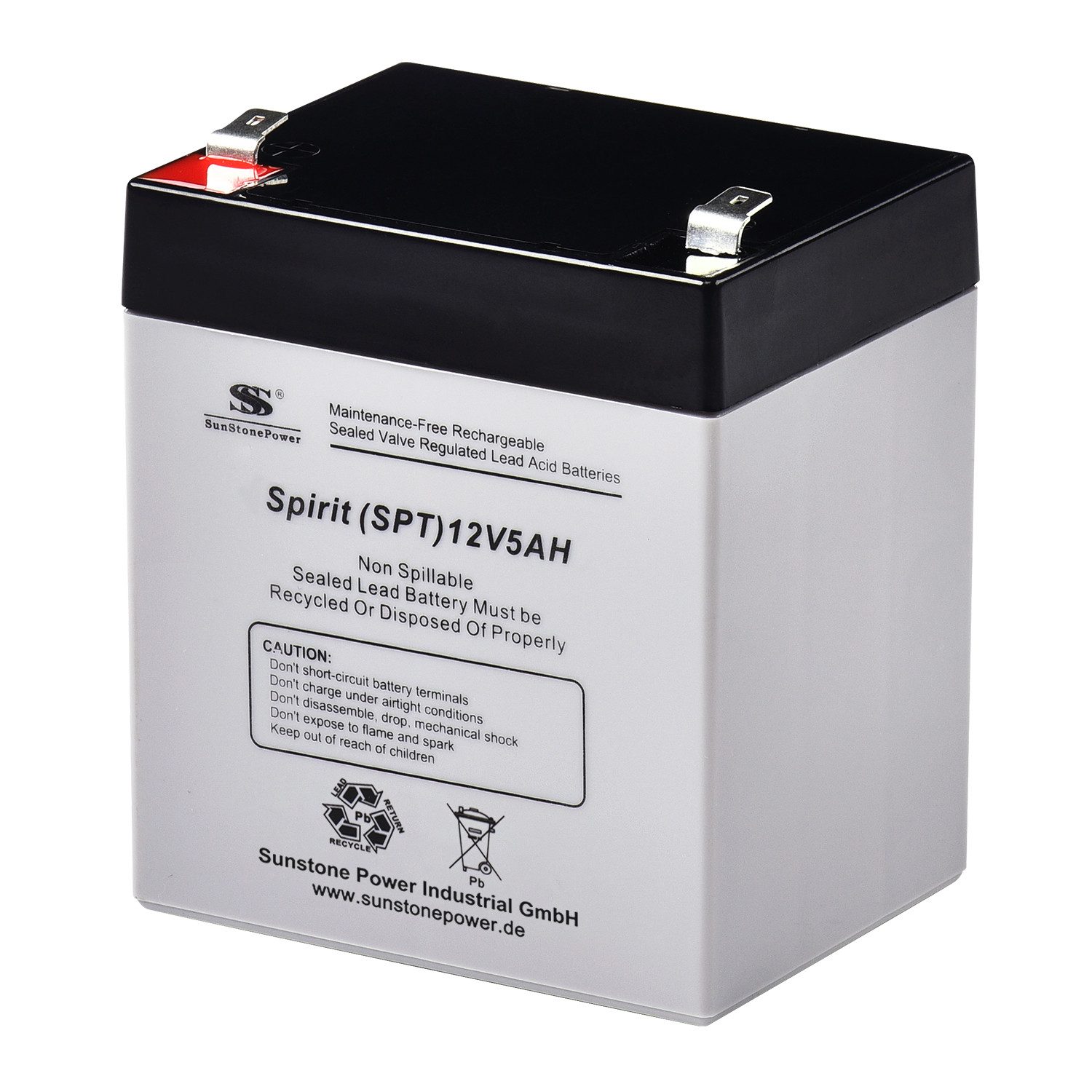 Sunstone Power 12 Volt Batterie 5AH AGM Stromspeicher Akku für Solar Beleuchtung Bleiakkus SPT12-5 5000 mAh (12 V), Auslaufsicher und wartungsfrei, geringe Selbstentladung (3% / Monat)