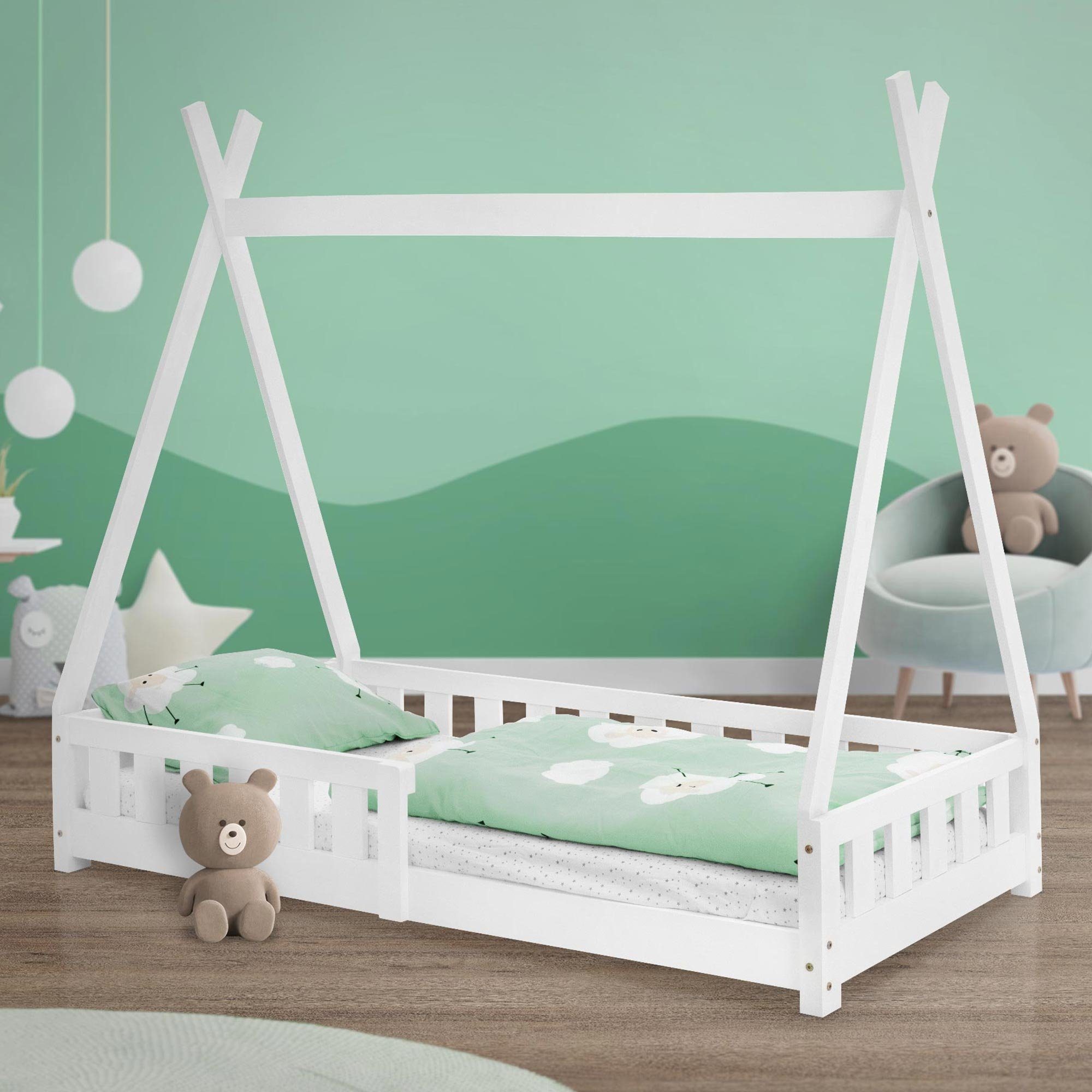 ML-DESIGN Bett Kinderbett mit Rausfallschutz und Lattenrost 80x160 cm Weiß  aus Kiefernholz ML-Design