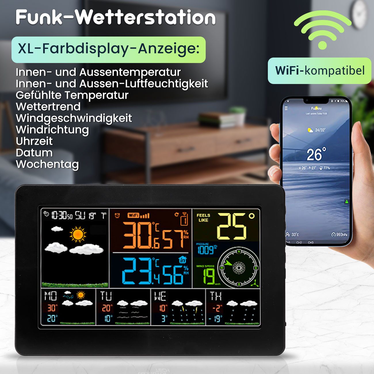 Casativo Wetterstation mit Aussensensor und App – Digitale Wetterstation (5-Tage-Prognose, Thermometer, Hygrometer & Barometer)