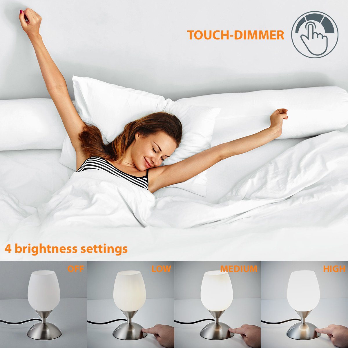 B.K.Licht Tischleuchte, ohne Leuchtmittel, Touchlampe, dimmbar, Nachttisch-Lampe, Schreibtischlampe, Wohnzimmer