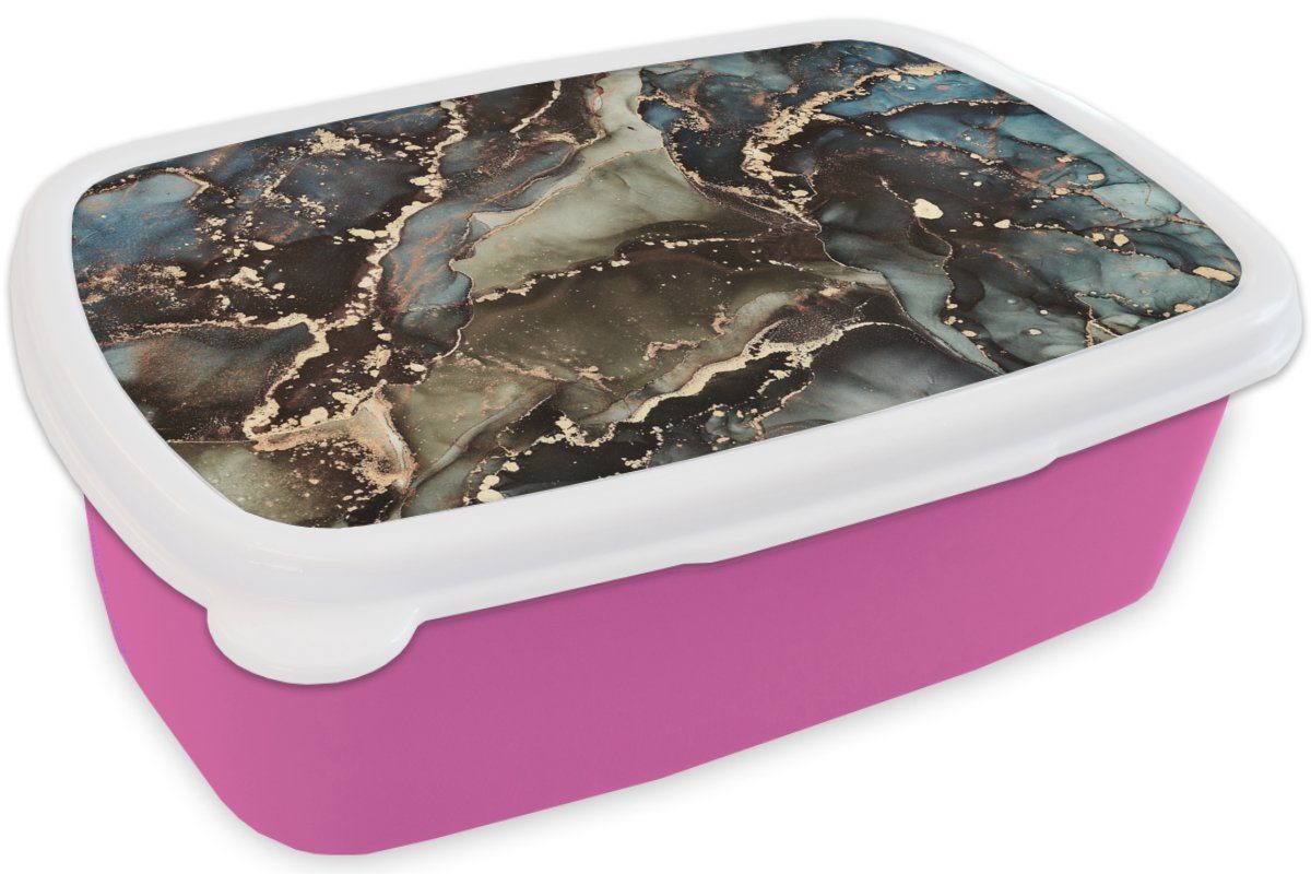 Brotdose Erwachsene, MuchoWow - Brotbox Marmor Kunststoff Grün, für Snackbox, Kinder, - rosa Kunststoff, Gold Mädchen, Lunchbox (2-tlg),