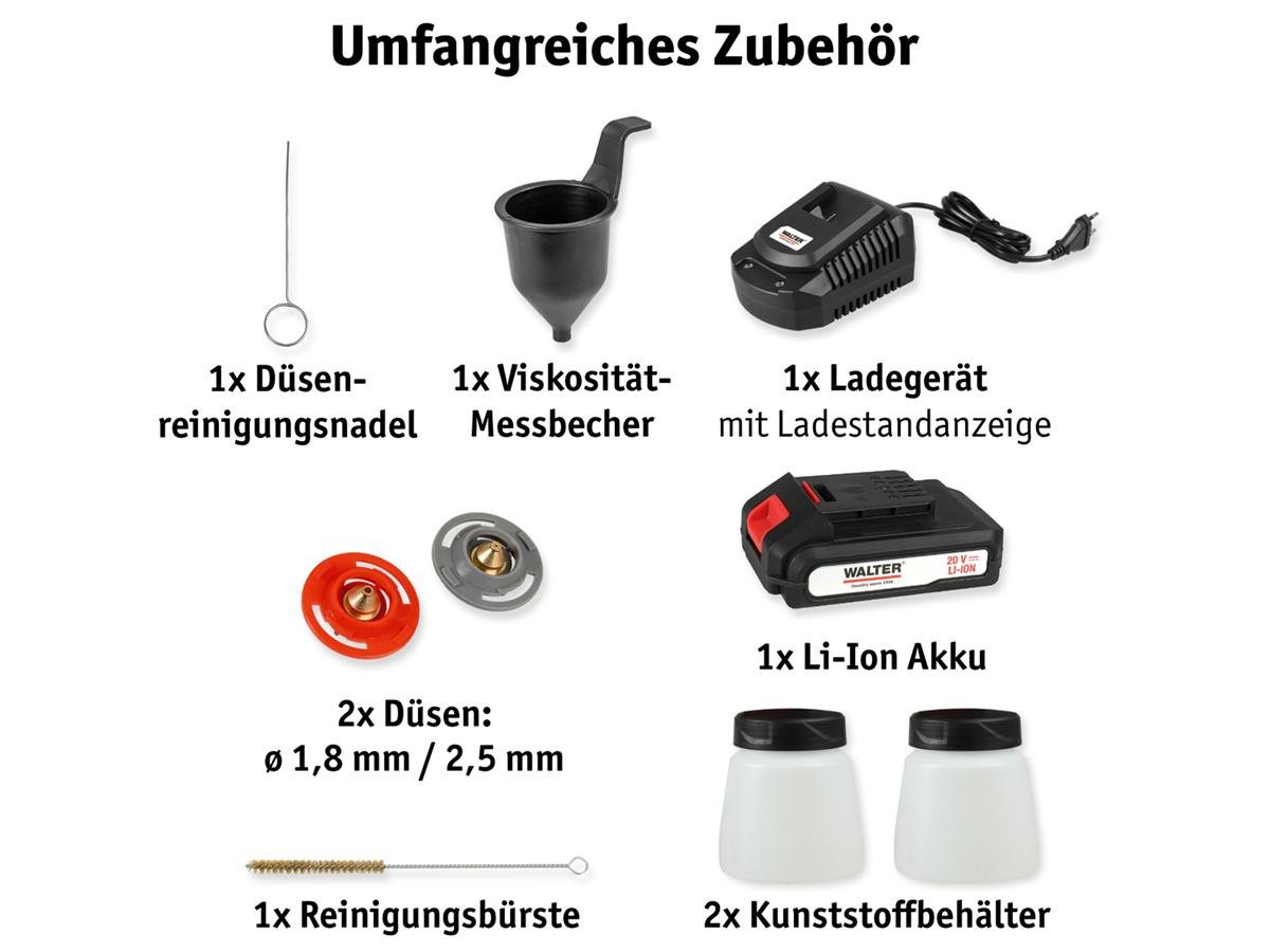 WALTER Farbsprühgerät Farbsprühsystem, (Set, 10-tlg), Inkl. 2 Sprühaufsätze,2 Behälter & Akku