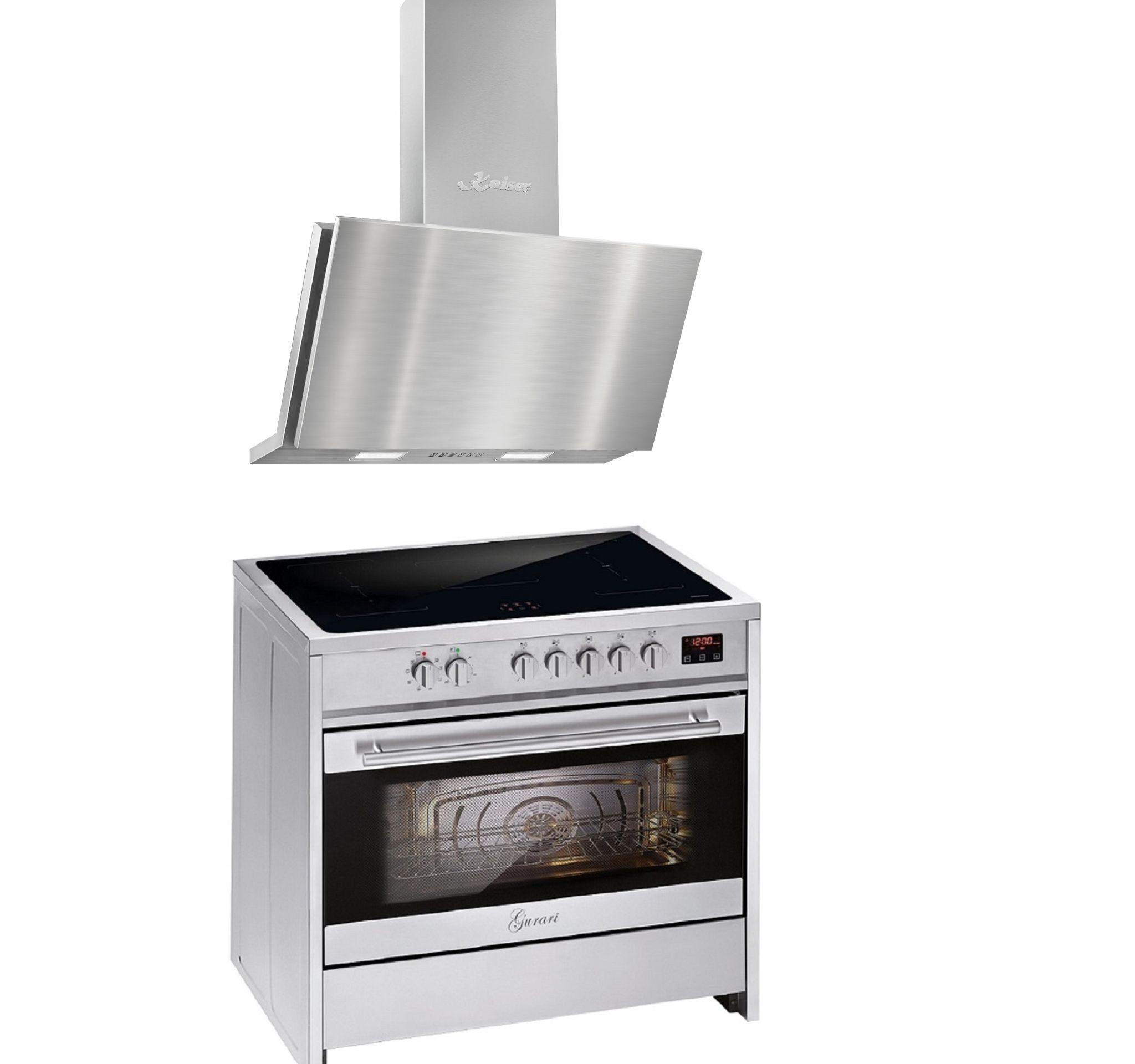GURARI Induktions-Standherd Induktions Standherd 90 cm, FLEX ZONE, Booster, Range Coocker, 121L+Dunstabzugshaube 90 cm, 1250m³/h E 913 X+AT 9455 N, mit 1-fach-Teleskopauszug