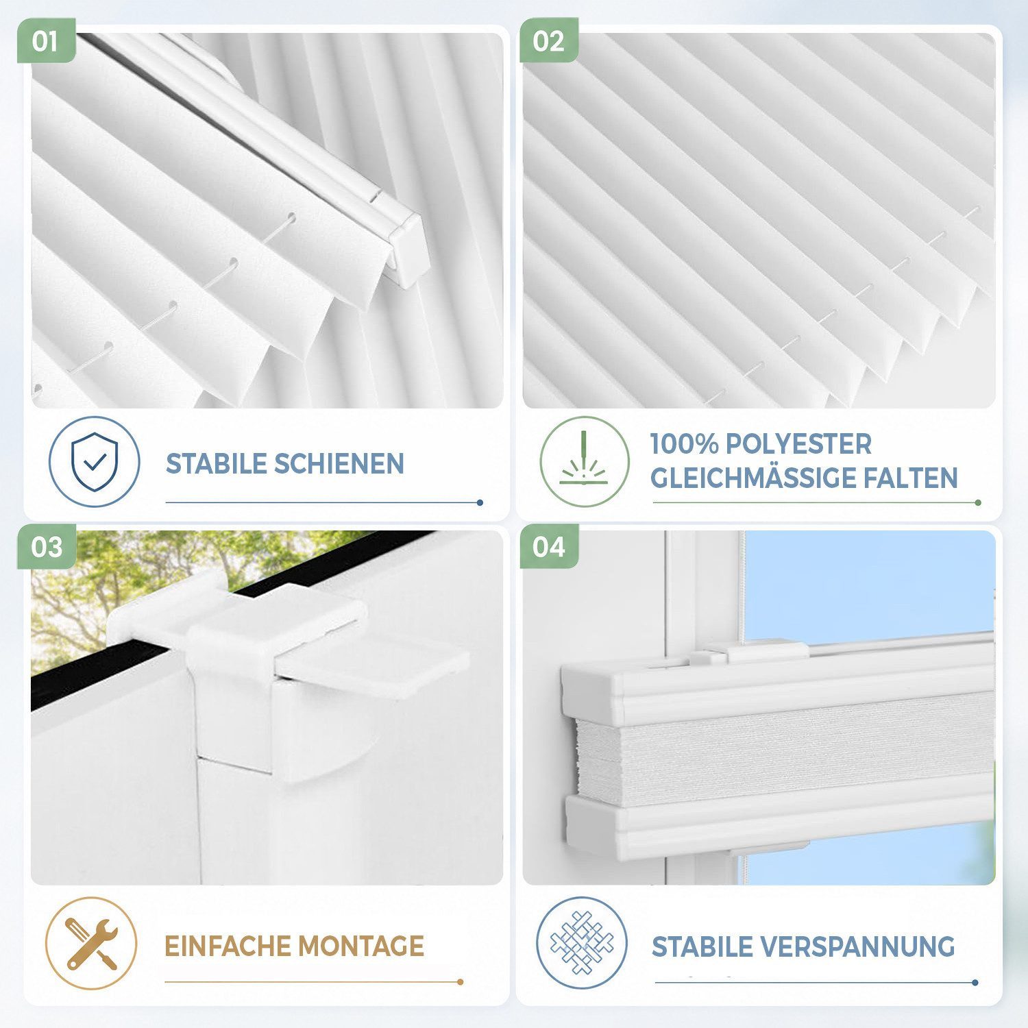 OUBO Plissee Faltrollo Ohne Bohren, Lichtschutz, Klemmträger,Easyfix, Lichtschutz, verspannt, Klemmfix, Jalousie für Fenster & Tür – Bild 3 von 5
