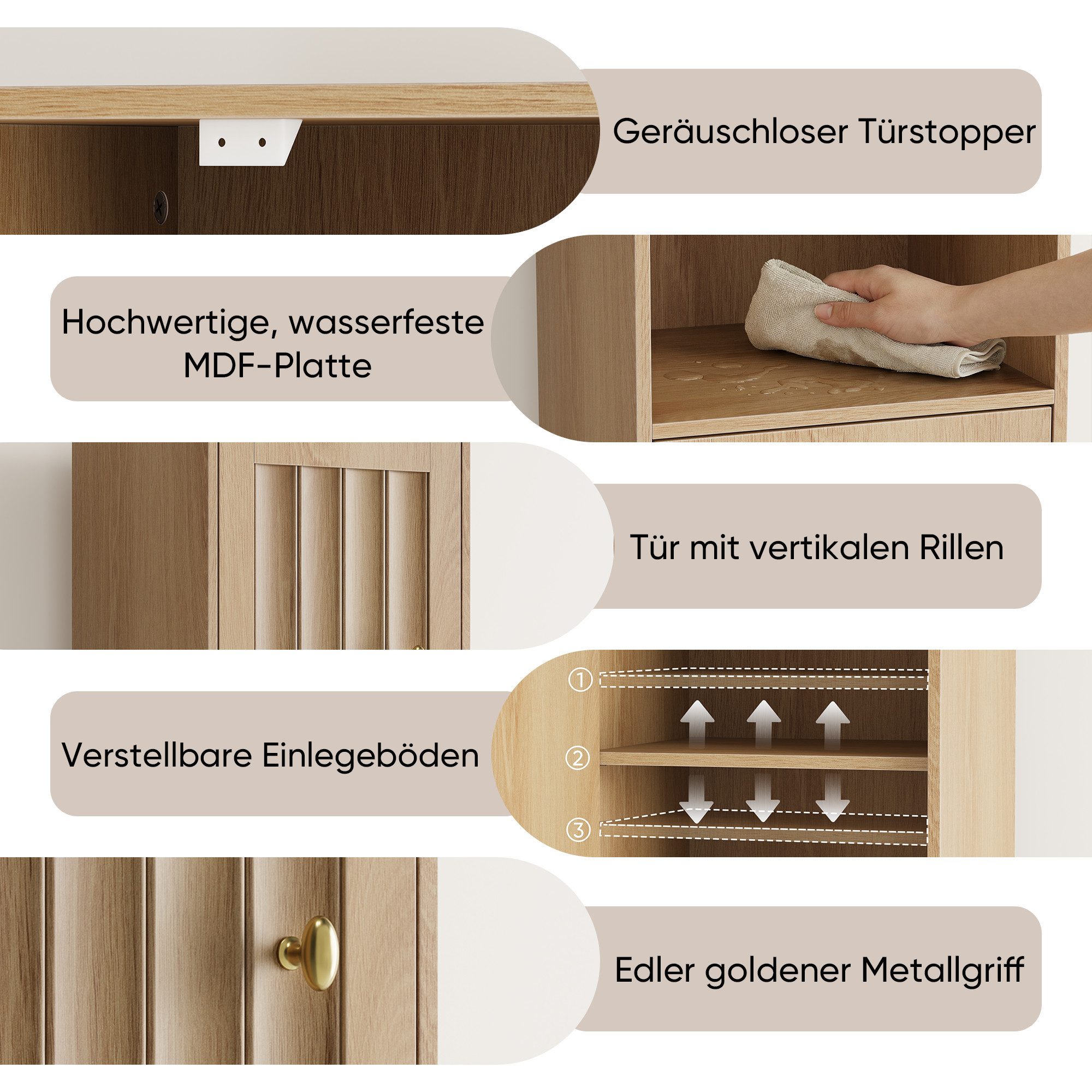 Yorbay Badkommode Badezimmerschrank schmal, Hochschrank mit Türen und offenen Fächern, Freistehender Badschrank mit verstellbaren Einlegeböden, Eiche Optik – Bild 4 von 5