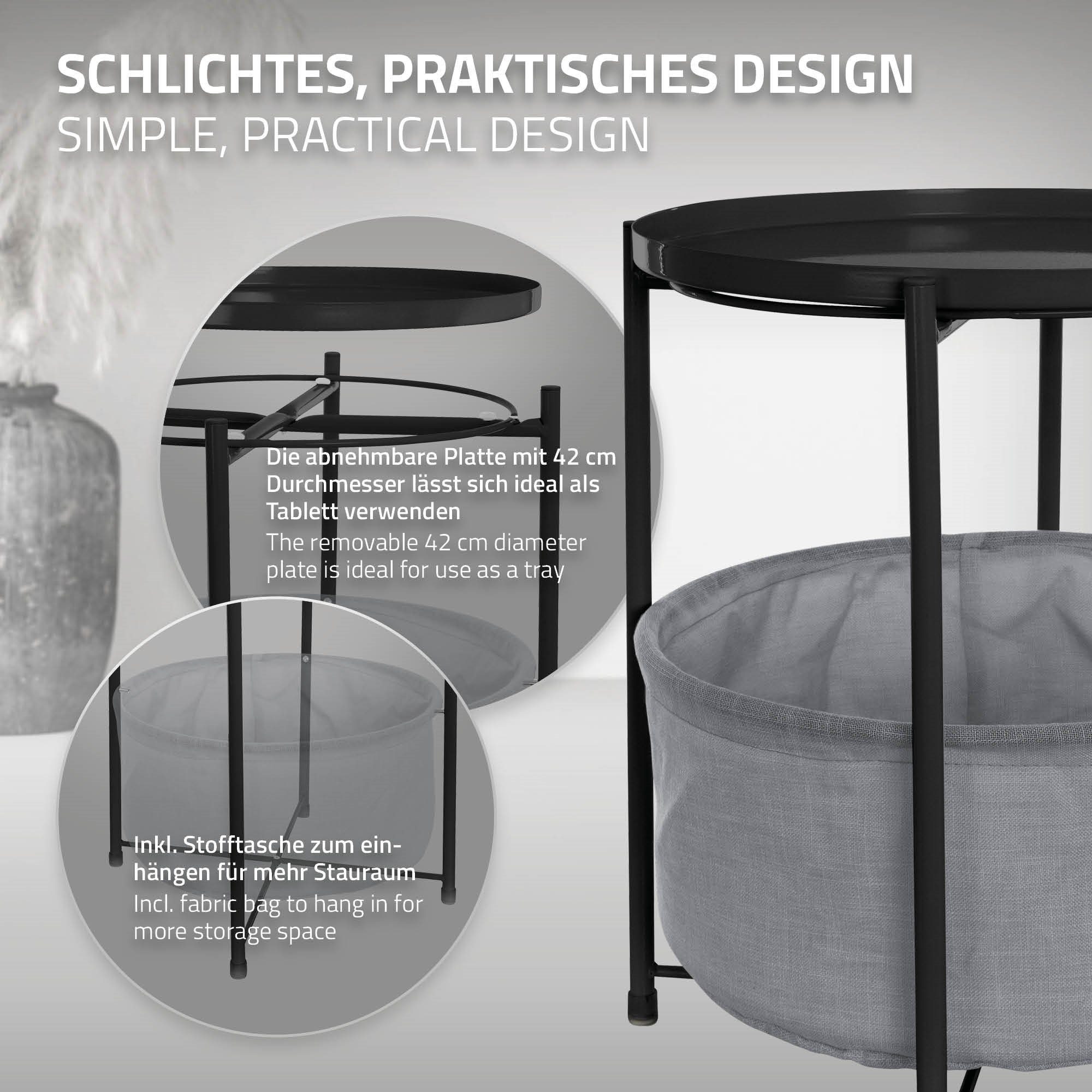 Modernes Rund Couchtisch Sofatisch Wohnzimmertisch Metall ML-DESIGN Design Ø45,5x52,5cm Tisch Beistelltisch mit Stoffkorb Nachttisch, Schwarz