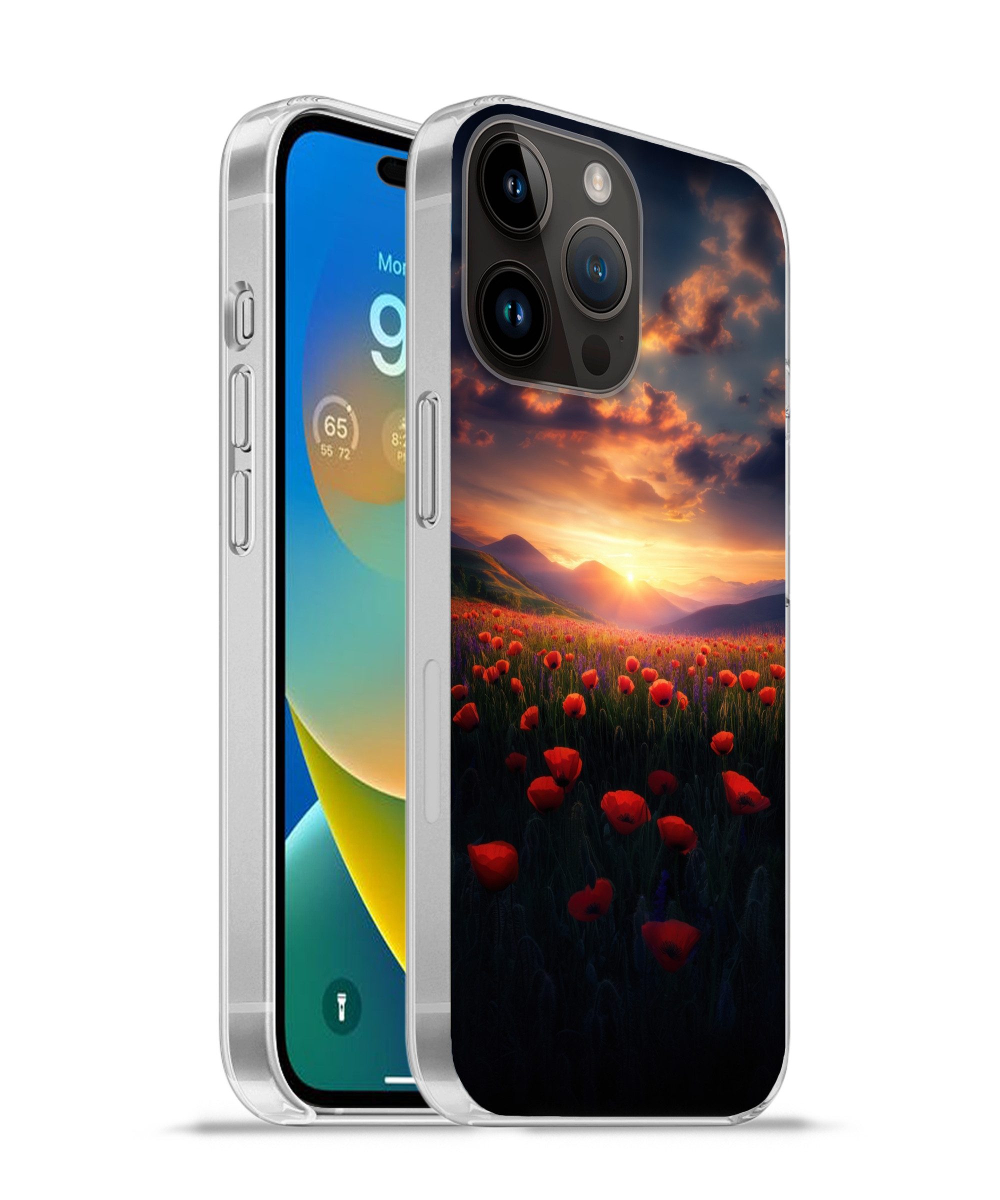 MuchoWow Handyhülle für Apple iPhone 14 Pro Landschaft - Sonnenuntergang - Blumenfeld, Smartphone-Bumper, Print, Handy Schutzhülle Dünn