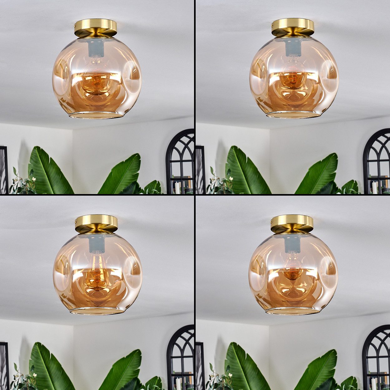 hofstein Deckenleuchte Deckenlampe aus Metall/Glas in Schwarz/Goldfarben/Bernsteinfarben, ohne Leuchtmittel, moderne Leuchte mit Schirm aus Glas (25cm), 1xE27,  – Bild 2 von 5