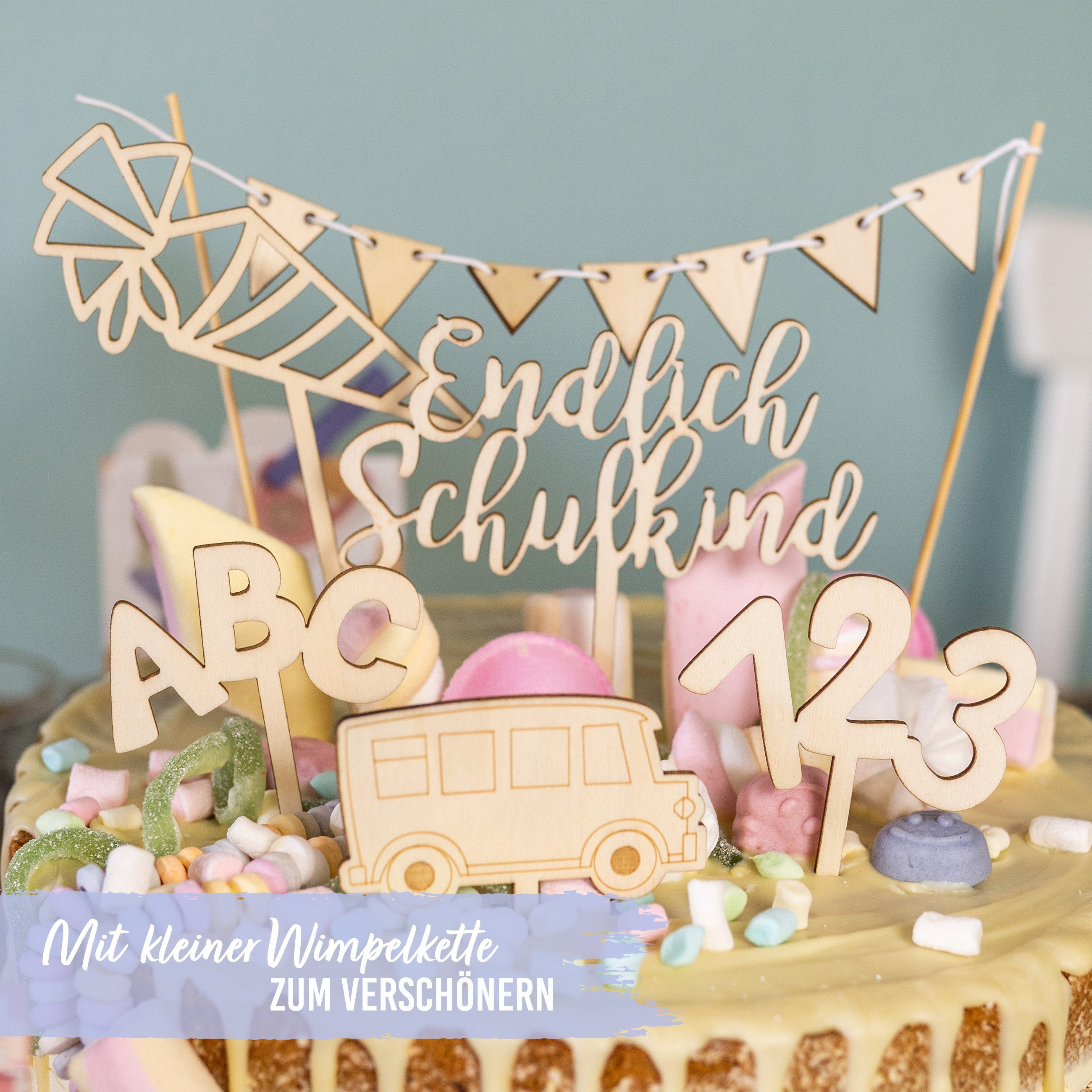 PAPIERDRACHEN Tortenstecker Kuchenstecker aus Holz zur Einschulung, Einschulung - Erste Klasse - Einschulungsparty – Bild 5 von 5