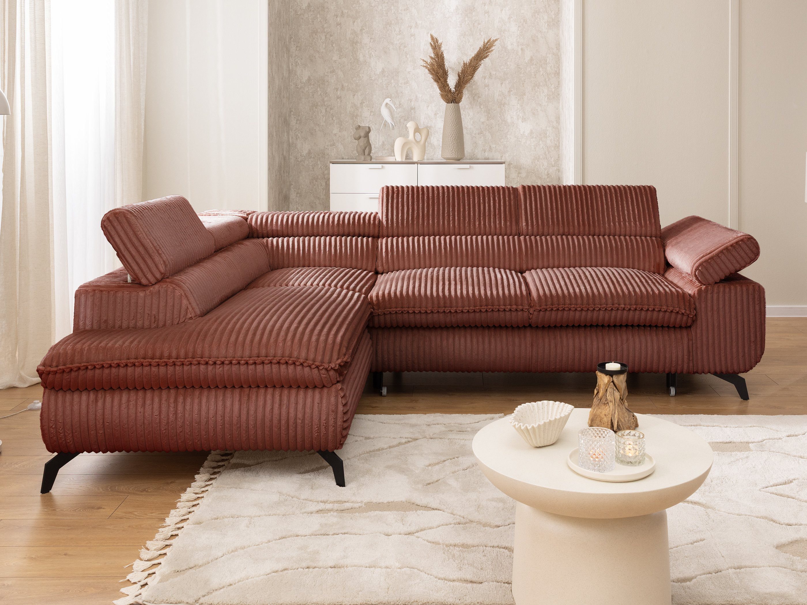 S-Style Möbel Ecksofa Bonnie mit Schlaffunktion Bettkasten und Kopfteilverstellung, mit Wellenfederung, Cord-Stoff