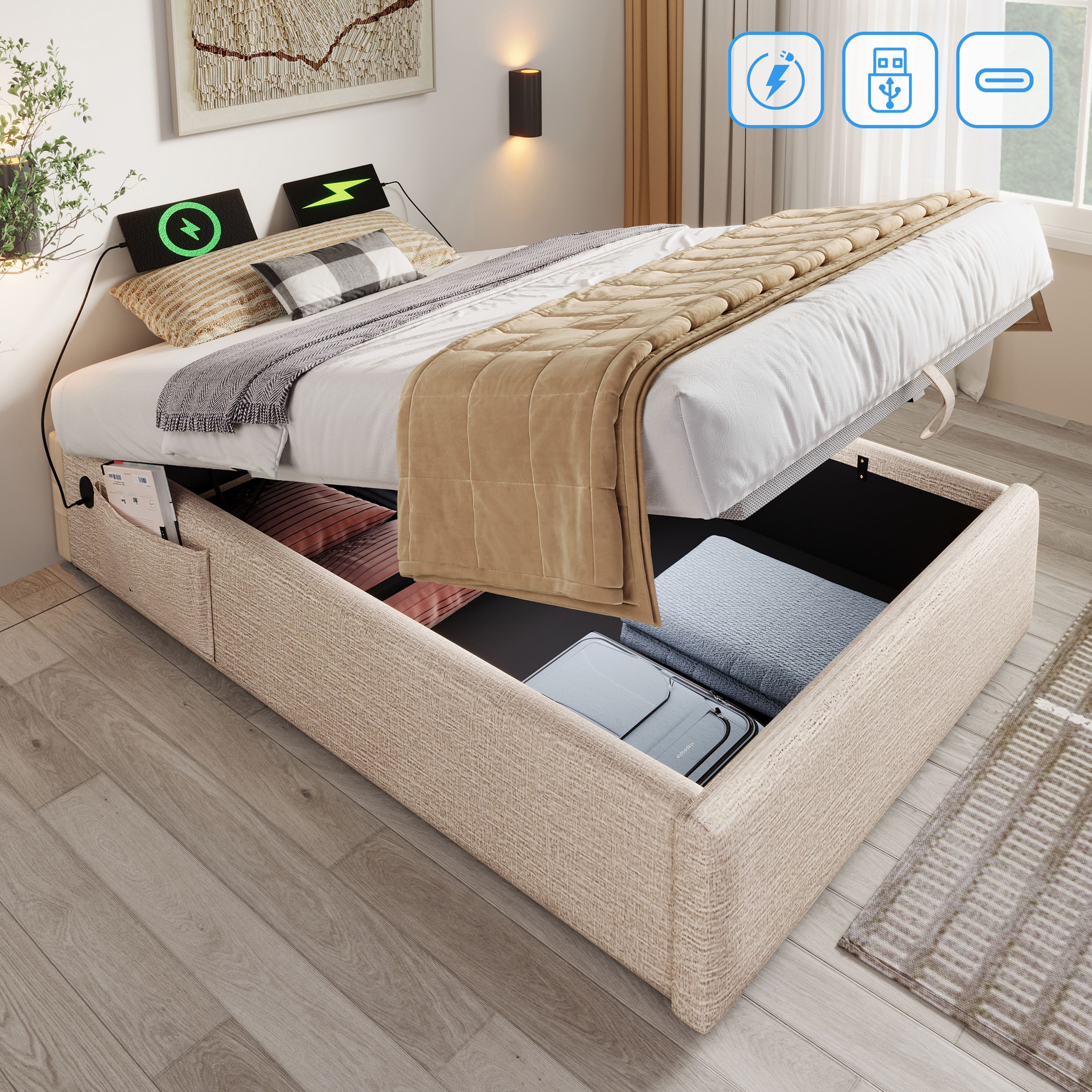 BlingBin Einzelbett Polsterbett (1-tlg., Struraumbett Bettgestell mit USB- C und Vollflächiger Lattenrost), 90×200 cm, Ohne Kopfteil, Leinen