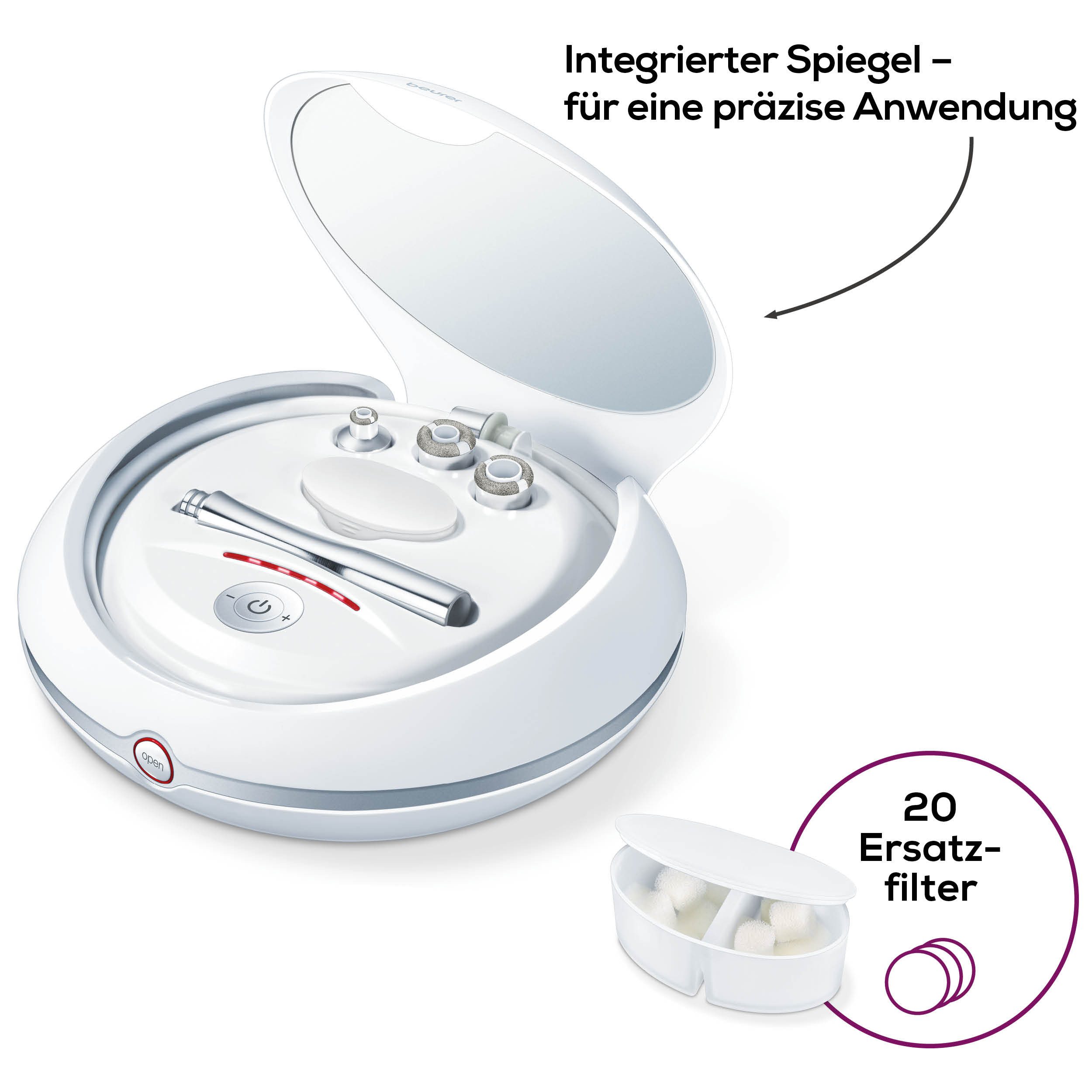 BEURER Mikrodermabrasionsgerät FC 100 für ein revitalisierendes Peeling, Mit 5 Intensitätsstufen und 3 hochwertigen Aufsätzen rot|weiß