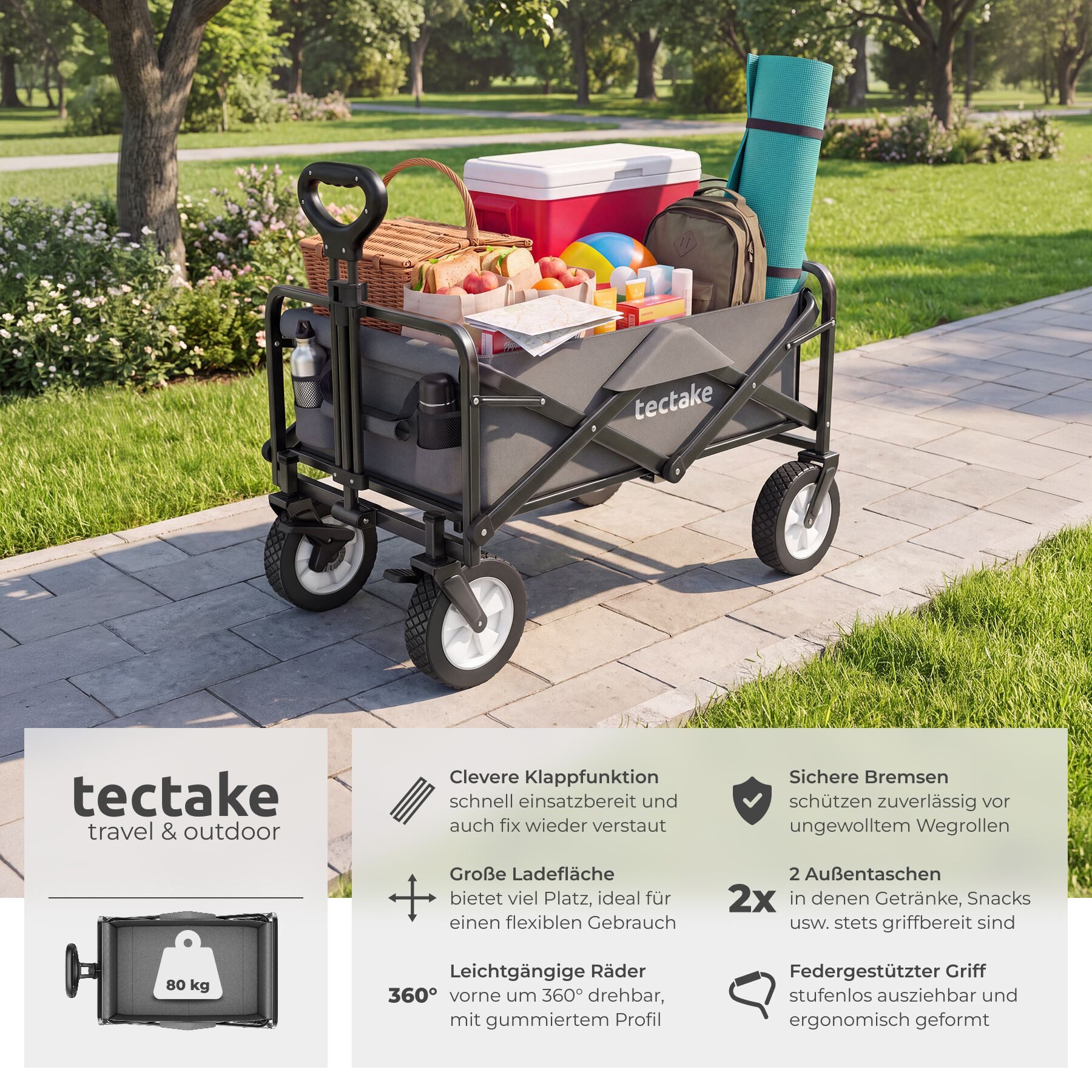 tectake Bollerwagen Faltbarer Handwagen Leon mit Bremsen, Belastbarkeit 80kg (1 Transportwagen, 1-tlg., 97L Volumen in Grau), faltbar – Bild 2 von 5