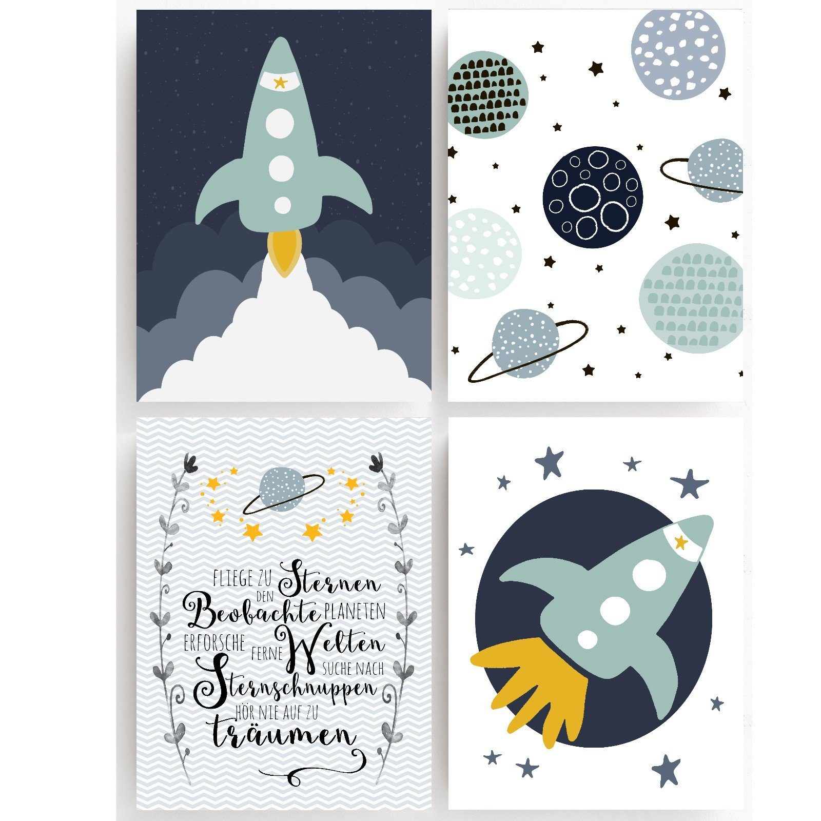 homestyle-accessoires Poster Bilderset WELTRAUM PLANETEN RAKETE 4er SET Prints Kinderbilder, - OHNE BILDERRAHMEN - Sorgfältige & sichere Verpackung