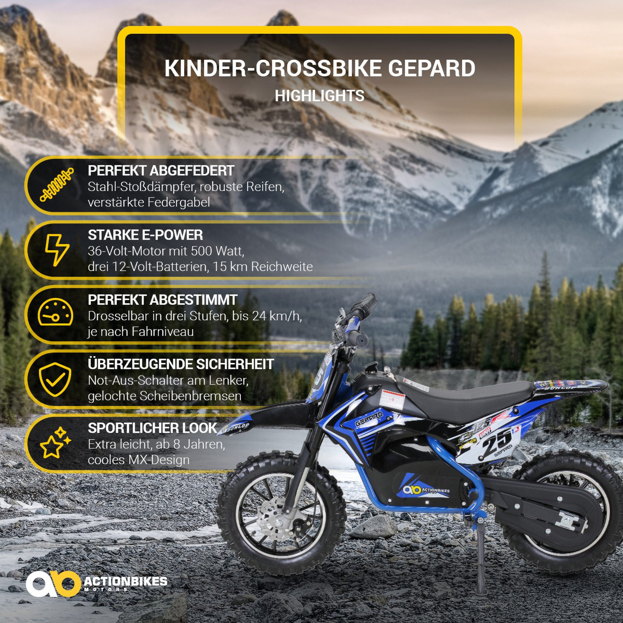 Actionbikes Motors Elektro-Kindermotorrad Crossbike Gepard 500W Minicross elektro, Dirt Bike, Elektromotorrad für Kinder