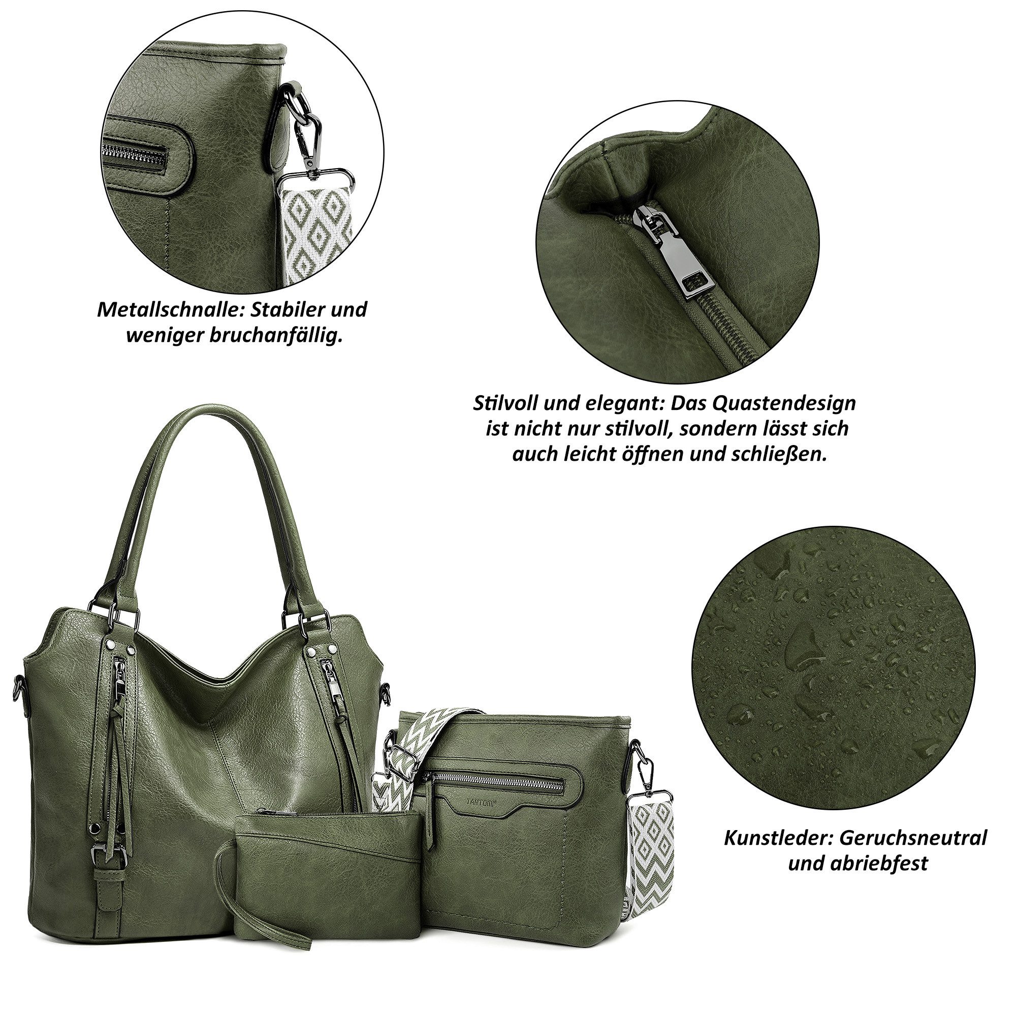 TAN.TOMI Handtasche 3-Tlg Shopper Schultertasche Geldbörse Damen Groß Umhängetasche, Für Freizeit Business Schule Büro usw in schlichter Optik – Bild 3 von 5