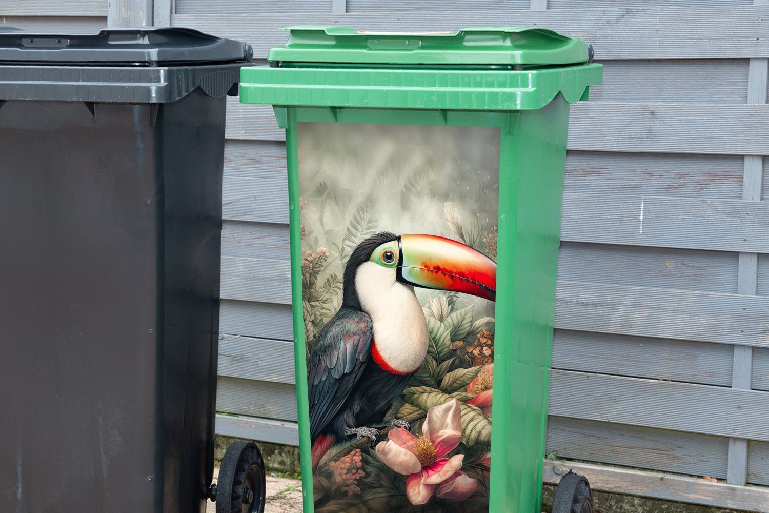 MuchoWow Wandsticker Tukan - - Mülleimer-aufkleber, St), Mülltonne, Pflanzen (1 Abfalbehälter - Tropisch Container, Sticker, Vögel - Blumen
