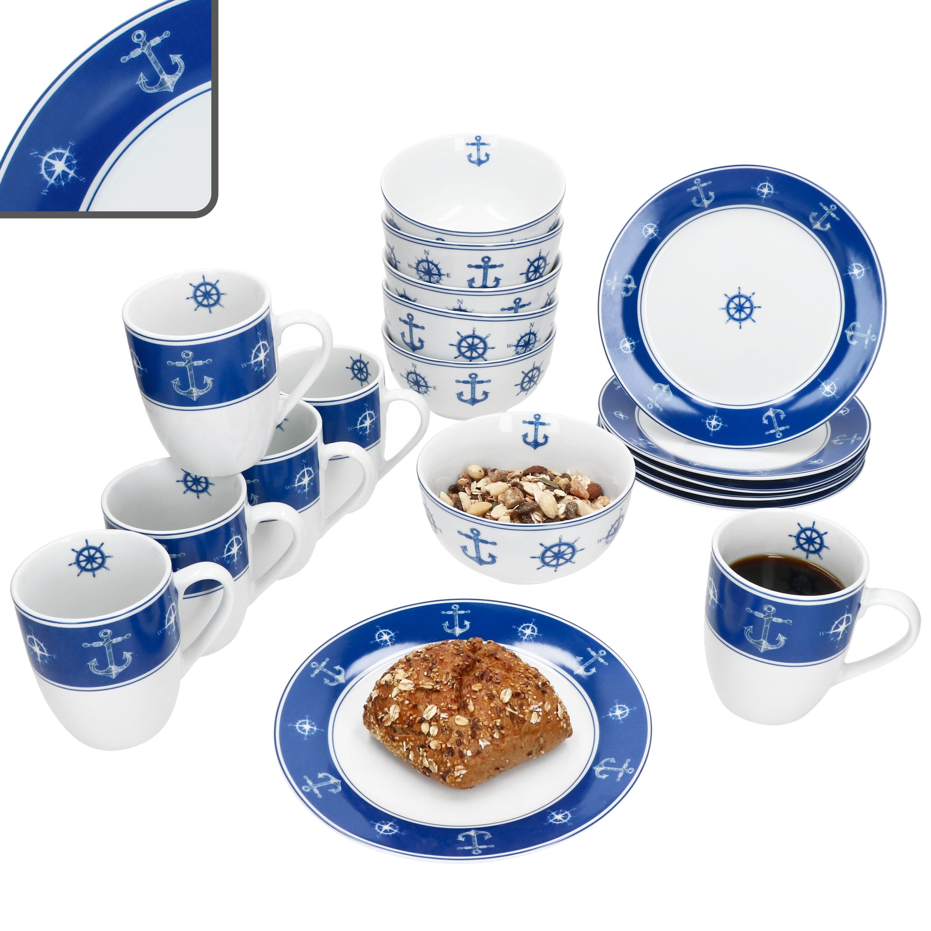 MamboCat Frühstücks-Geschirrset MamboCat Ahoi 18tlg maritimes Frühstücksset Teller Schale Becher, Porzellan