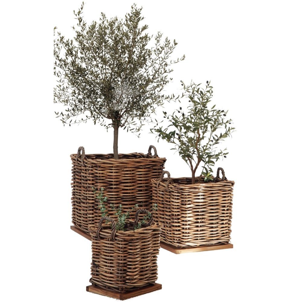 LebensWohnArt Dekokorb Dickes CL Rattan Korb CESTINO braun ca.50cm Teakbodenplatte