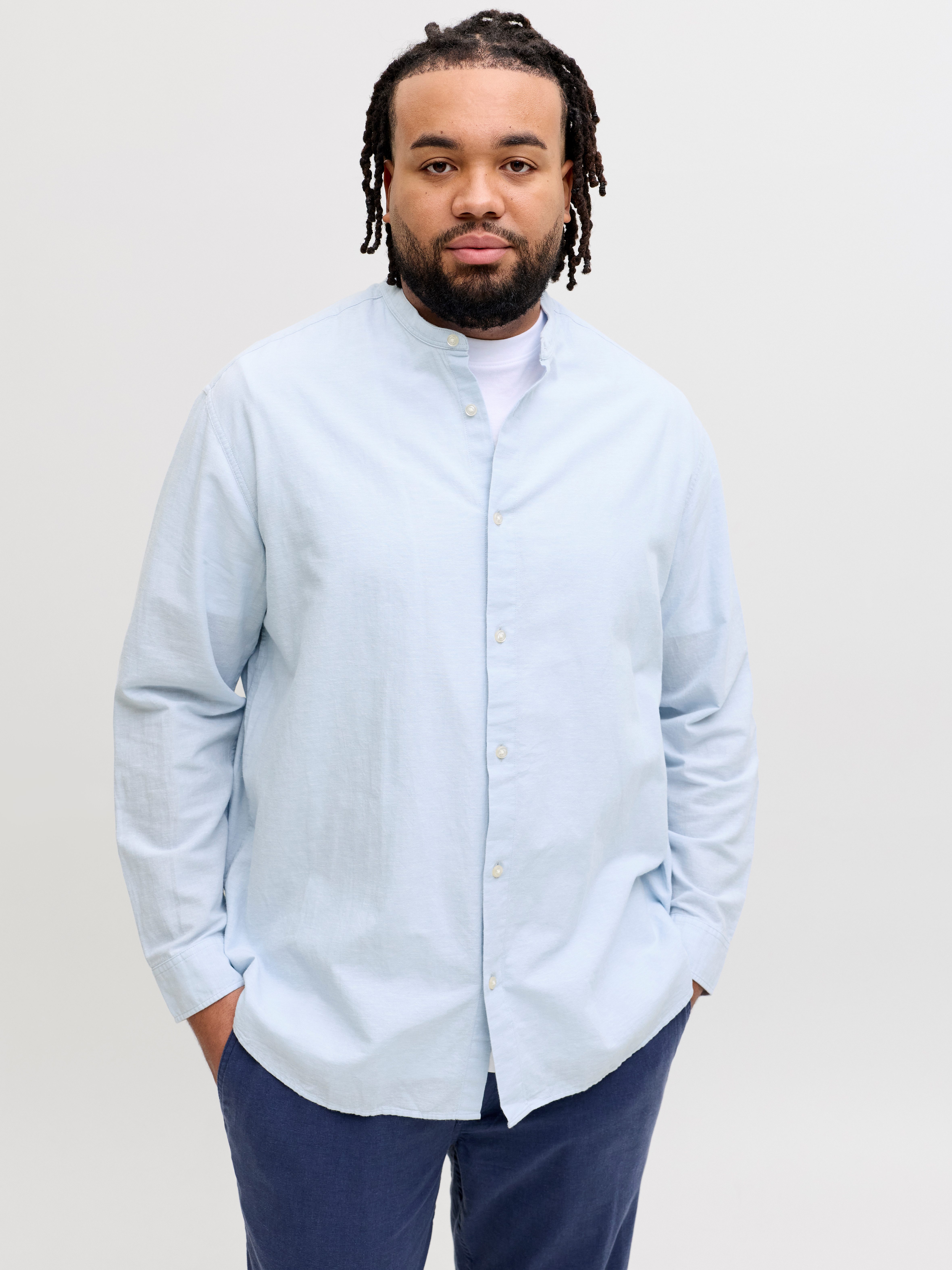 Jack & Jones PlusSize Langarmhemd JJEBREEZE LINEN BLEND BAND SHIRT L PLS mit Stehkragen