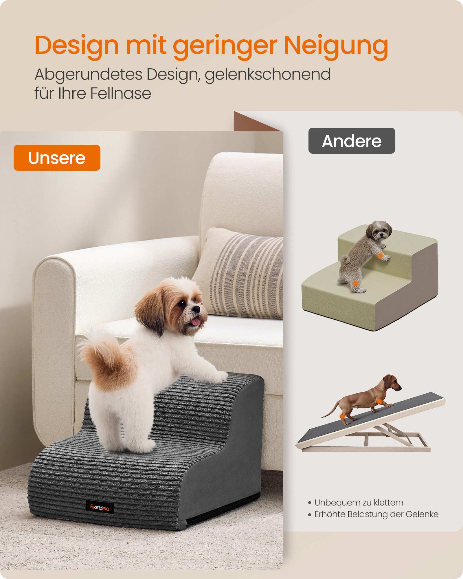 FEANDREA Haustiertreppe 2/3/4-stufig-Hundetreppe,waschbar,rutschfest geringe Neigung für Bett, Sofa, Cord mit Querstreifen, wasserdicht, abnehmbarer waschbarer Bezug