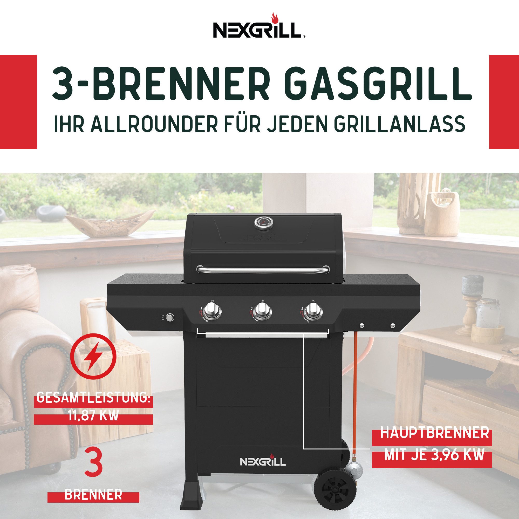 nexgrill Gasgrill Classic 3B 3 Brenner, Grillwagen 12 kW, Aufbaumaß: 124 x 118 x 61 cm