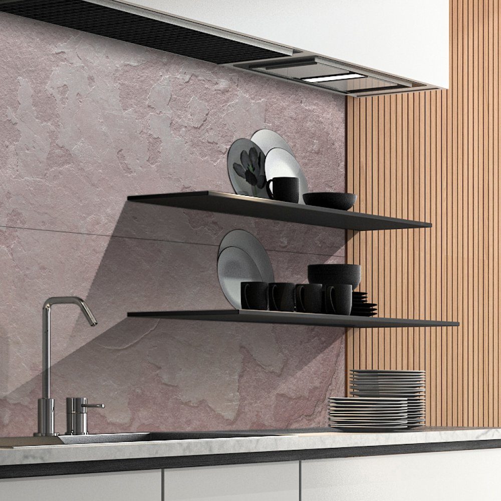 DRUCK-EXPERT Küchenrückwand Naturstein aus 100 % Echtstein - jede Platte ein Unikat Buntschiefer Hellrosa