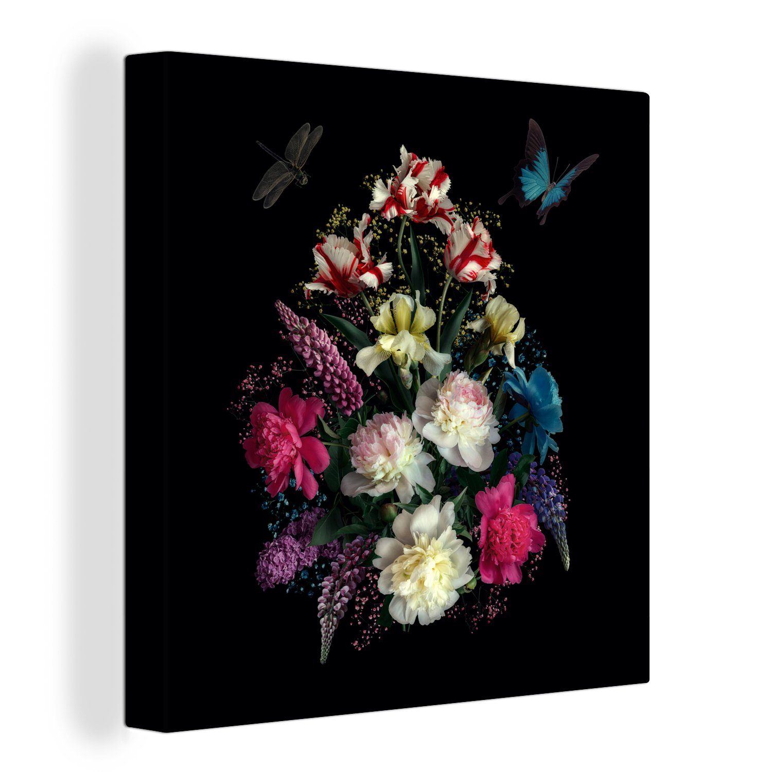 OneMillionCanvasses® Leinwandbild Blumen - Schmetterling - Stilleben, (1 St), Leinwand Bilder für Wohnzimmer Schlafzimmer