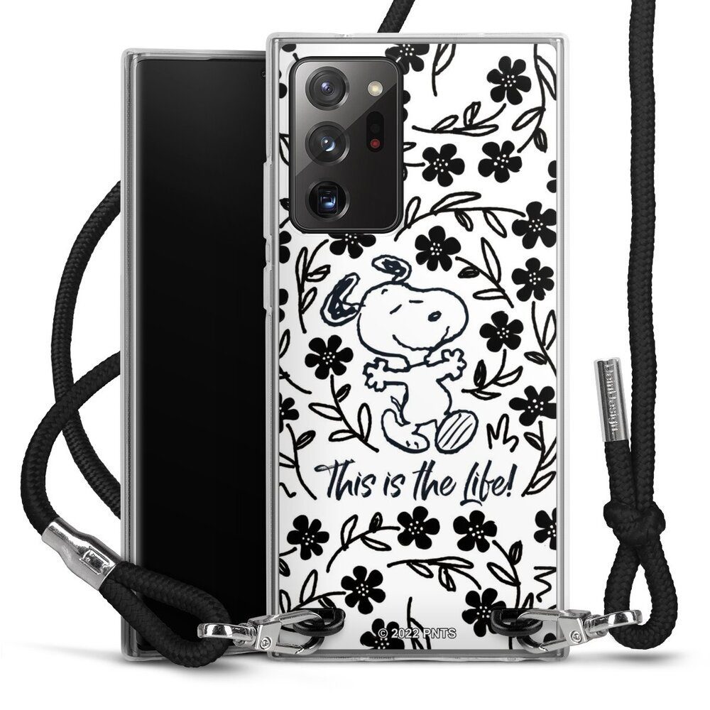 DeinDesign Handyhülle Peanuts Blumen Snoopy Snoopy Black and White This Is The Life, Samsung Galaxy Note 20 Ultra Handykette Hülle mit Band Cover mit Kette