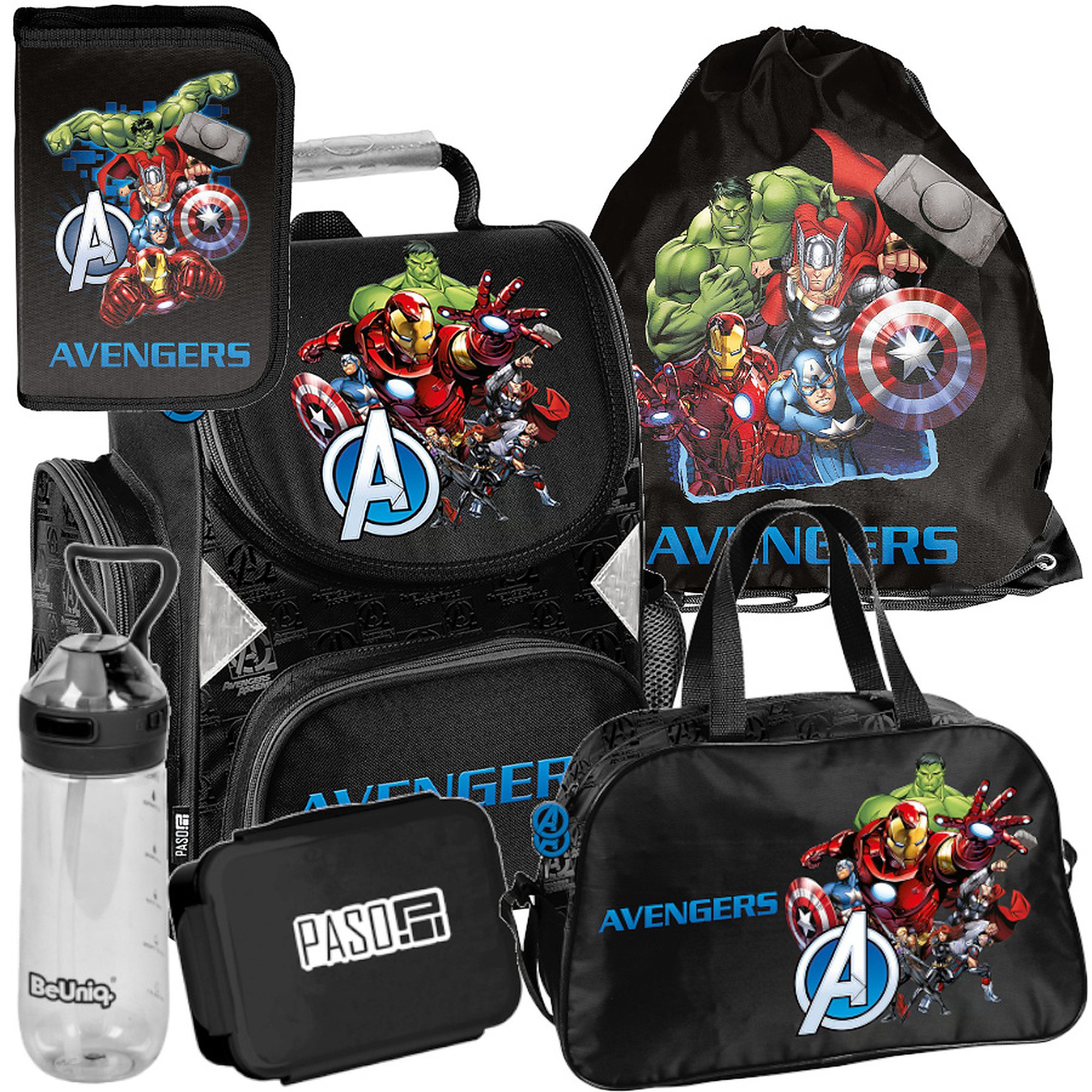 PASO Schulrucksack Mega-Set Marvel Avengers Schulset 6-tlg (Rucksack + Turnbeutel + Federmäppchen + Lunchbox + Trinkflasche + Sporttasche, 6-tlg)