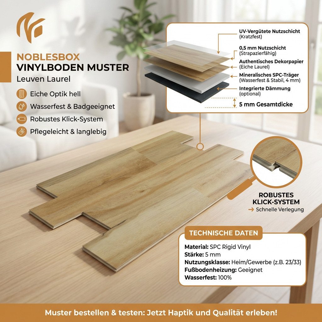 NoblesBox Designboden Klick Vinylboden SPC - Hartvinyl - 4+1mm Wasserfest - 1 mm Isolierung, Für Fußbodenheizung, Hochabriebfest & Klicksystem – Bild 3 von 5
