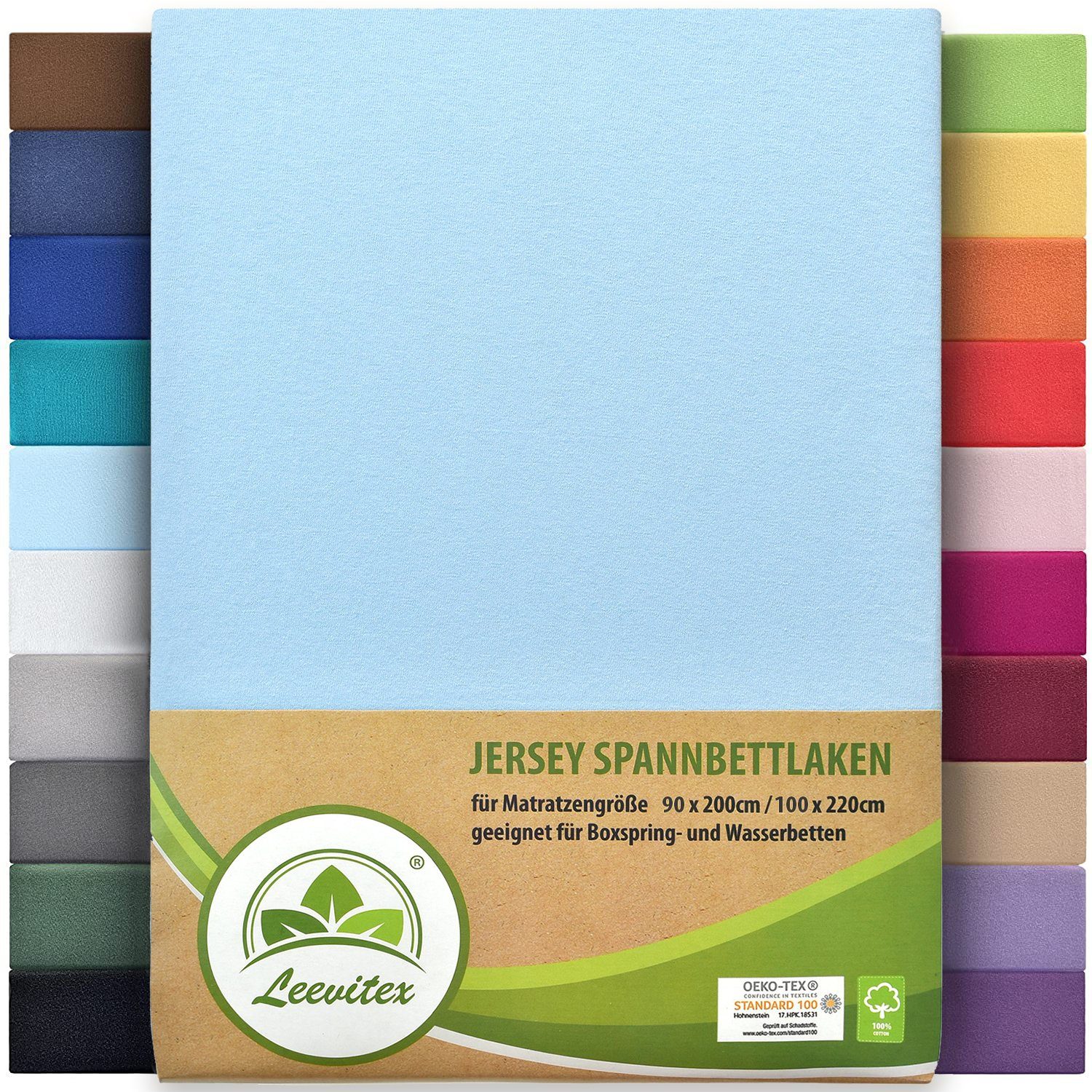 dick, leevitex®, 170, Spannbettlaken Hellblau Jersey-Baumwolle, 100% rundum, / auch und schwer geeignet Premium Himmelblau Boxspringbett Gummizug: