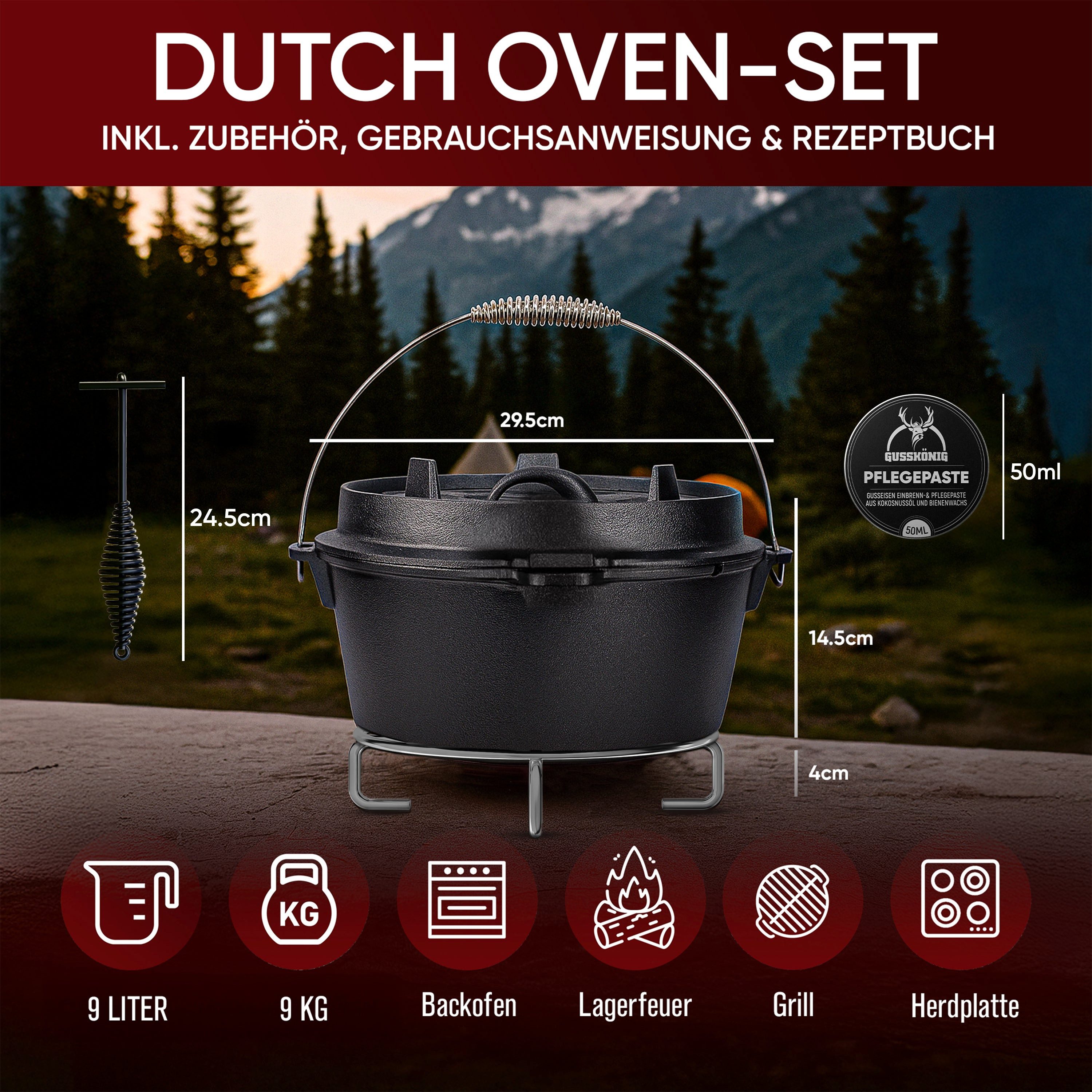 GUSSKÖNIG Grilltopf GUSSKÖNIG Dutch Oven Klassisch Topf ohne Füßen 9Liter Set