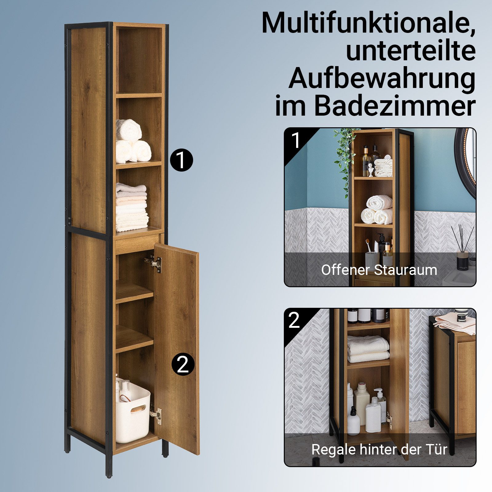 SoBuy Hochschrank BZR62, Badkommode Badezimmerschrank Beistellschrank Badezimmermöbel Badregal Badschrank Badmöbel mit 3 offenem Fächern und 1 Tür