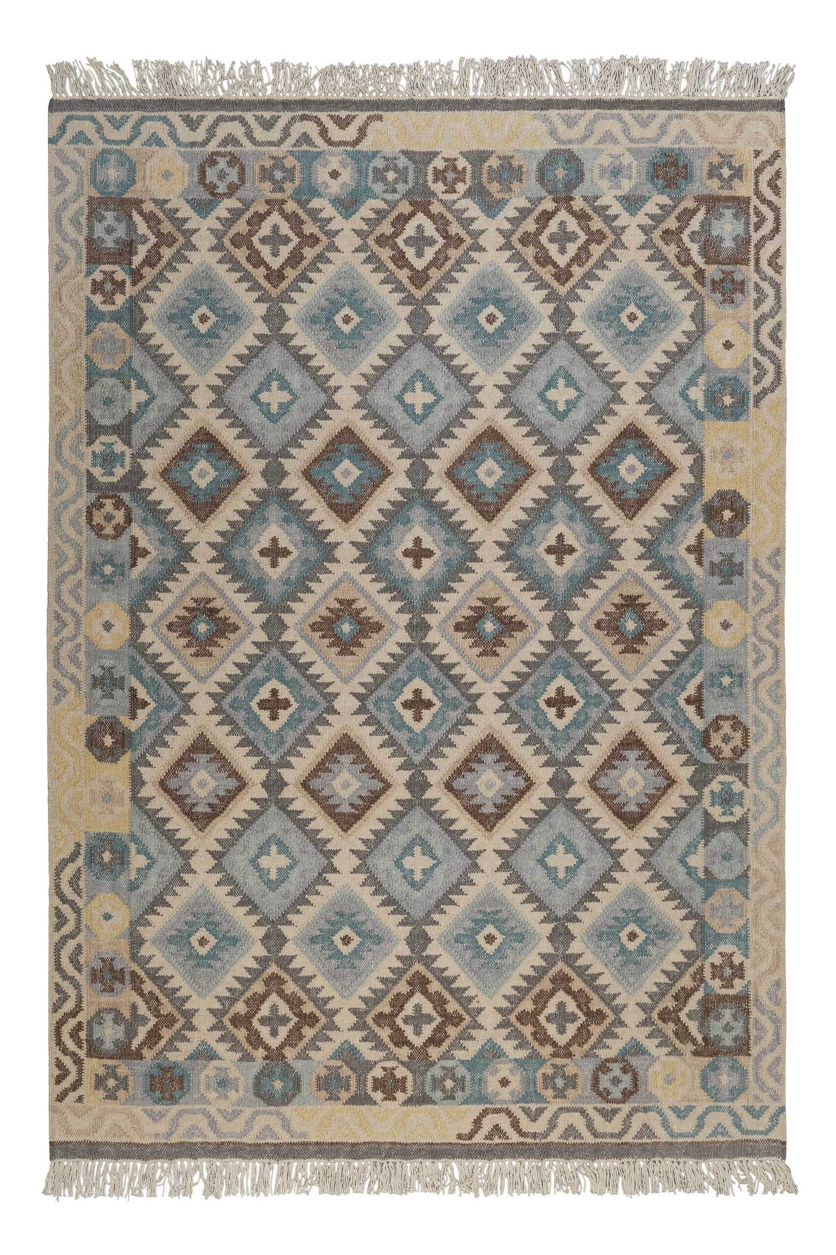 Teppich Migny, Green Looop, Höhe: 5 mm, Wollteppich, Kelim, handgewebt, Orient Look, mit Fransen