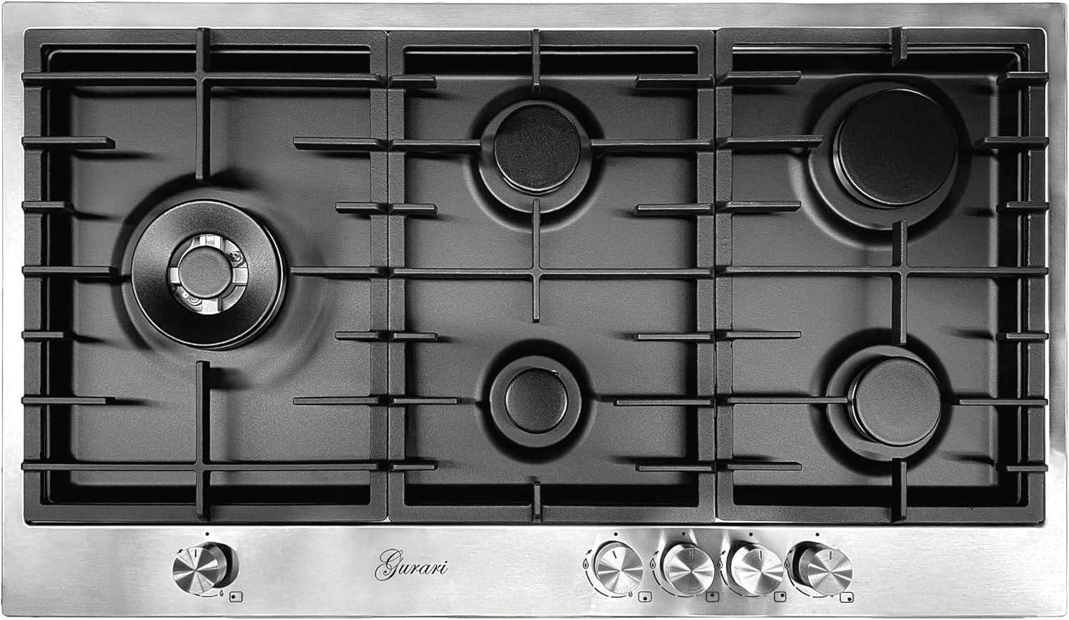 GURARI Gas-Kochfeld TY905VPGC 90 cm, Edelstahl- Schwarz Emaliert, 4,0 kW WOK, 5 Gasbrenner,Erdgas, FL.Gas TY905VPGC